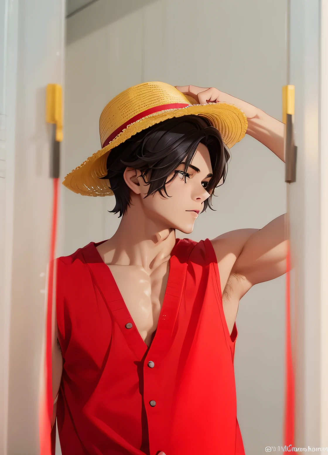 Luffy has black shaggy hair, round black eyes, and a slim muscular build. He is renowned for his trademark straw hat, which was lent to him when he was young by the legendary pirate captain, "Red-Haired" Shanks,[35] who in turn received it from Gol D. Roger.[43] luffy He wears blue shorts with cuffs, sandals, and a sleeveless red vest. Luffy also has a scar with two stitches underneath his left eye, which he earned as a child by stabbing his face to show Shanks that he was tough enough to be a pirate.[44] He was severely wounded by Akainu in the Summit War of Marineford,[45] leaving a large X-shaped scar on his chest.[46]