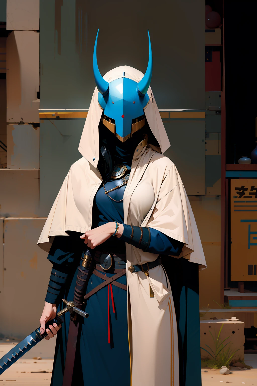 photorealistic, (hyperrealistic:1.2), beautiful, masterpiece, best quality, perfect lighting, derpd, naked femalr warrior, mask, horns, cloak, faceless, katana, holding sword, detailed hands and fingers,