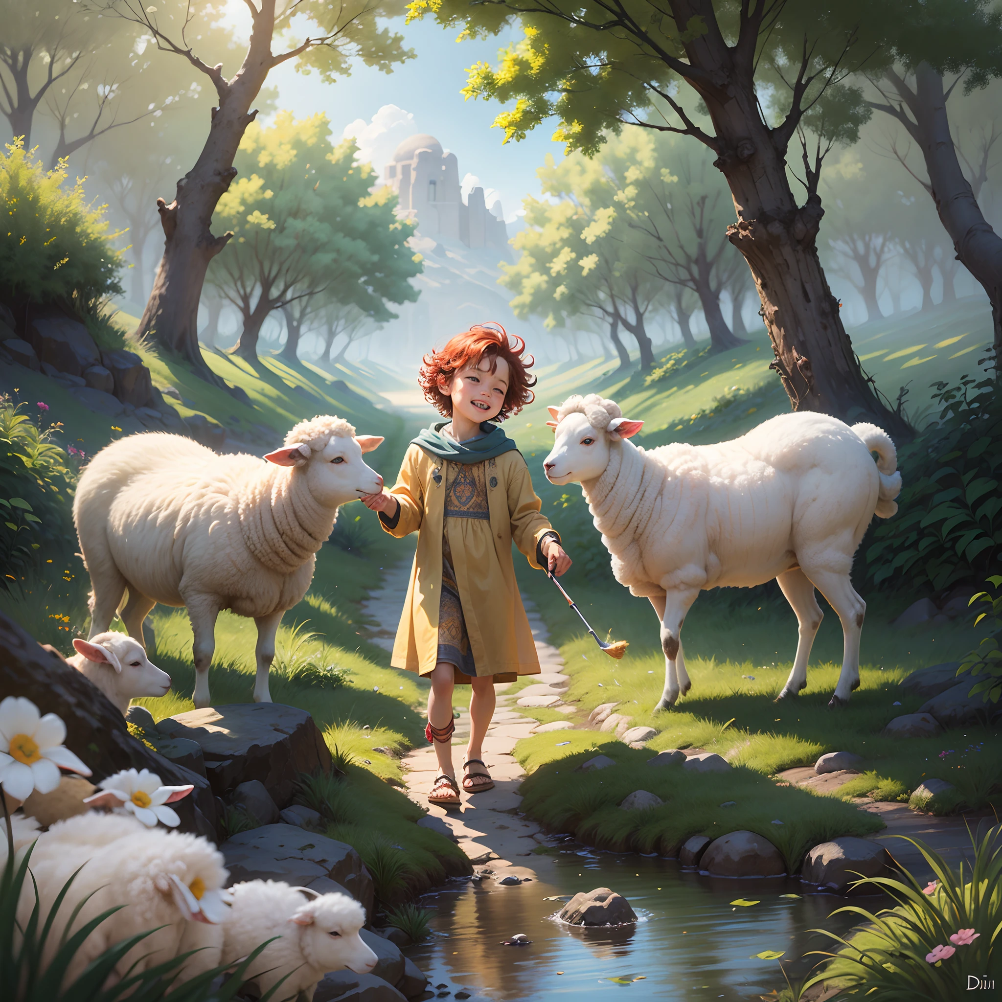 this image, Davi, a 6-year-old boy, radiated joy as he shepherded a group of white sheep in a lush pasture. His fiery red hair formed a crown of gleaming curls atop his head, and his brown eyes shone with childlike curiosity. He wore a light brown tunic that flowed gently around his body as he moved among the sheep. His sandals kept him grounded, and a staff rested in his right hand, a symbol of his responsibility and protection. The surrounding scene was a vision of serenity, with a clear blue sky spanning the horizon and the sun casting a soft glow over the pasture. Small details of Arabian style, like intricate decorations, punctuated the environment, adding a charming touch. Davi exuded a feeling of joy and carefree spirit, encapsulating the warmth of childhood and a sense of purpose as he shepherded his sheep with sweetness and kindness. The image, captured in a detailed pencil art style, immortalized this moment of harmony and connection with nature.(SFW) --auto --s2