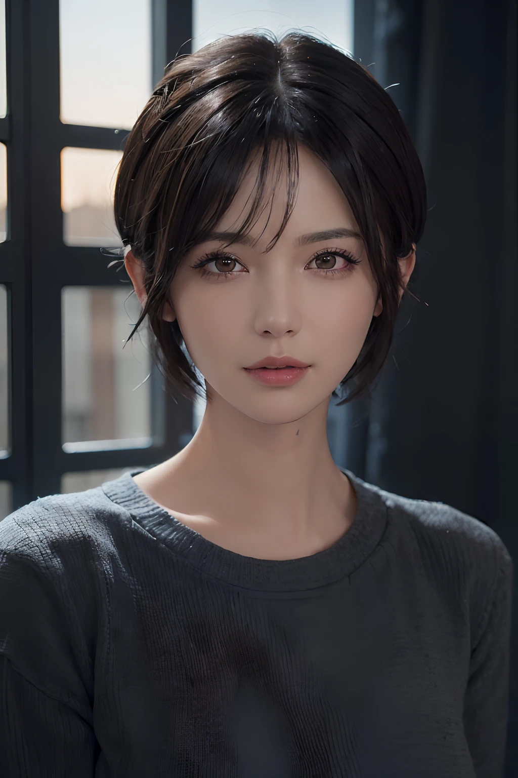 (masterpiece:1.3), (8k, photorealistic, RAW photo, best quality: 1.4), (1girl), beautiful face, (realistic face), (black hair, short hair:1.3), beautiful hairstyle, realistic eyes, beautiful detailed eyes, (realistic skin), beautiful skin, (sweater), absurdres, attractive, ultra high res, ultra realistic, highly detailed, golden ratio