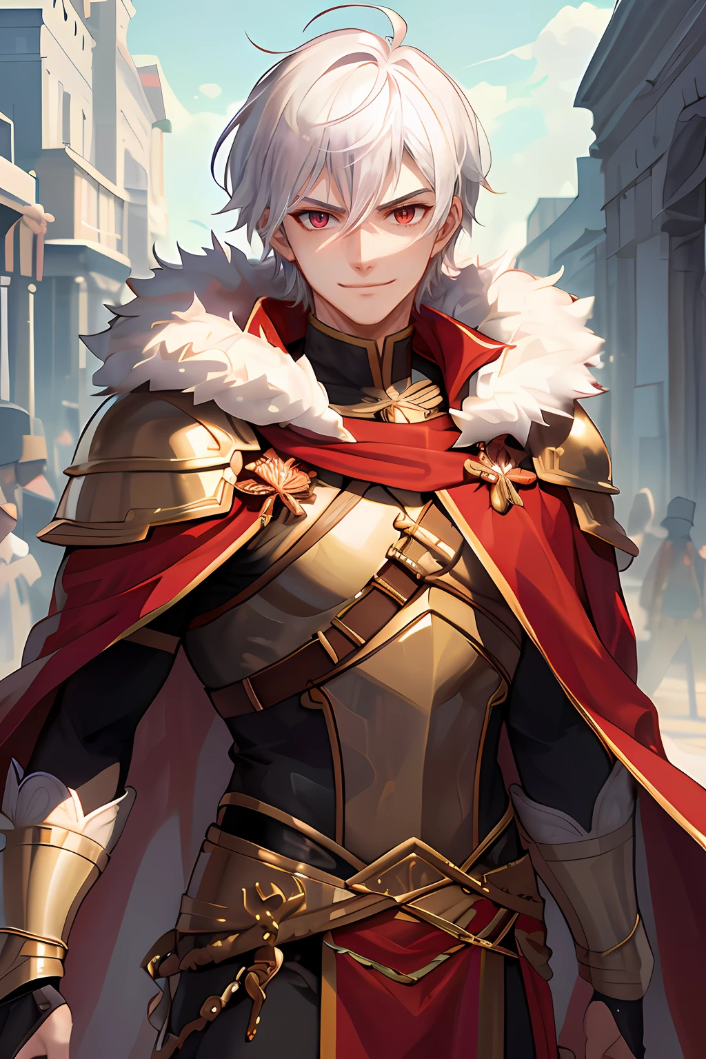 Personaje de anime vestido con una capa roja y una armadura dorada, ojos rojos, sonriendo, rostro varonil, Arte Casimiro, male paladin, beautiful androgynous prince, A male human paladin, Keqing de Genshin Impact, Chico guapo en el arte de Demon Slayer, Tendencias en ArtStation Pixiv, Edelgard de Fire Emblem, inspirado por Li Chevalier, roguish smirk, delicate androgynous prince