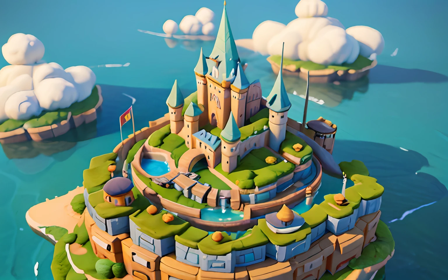 Closeup of an island with a castle on it, isometric island in the sky, 3 D rendering stylization, stylized concept art, isometric 3d fantasy island, floating and flying island, flying island, stylized 3d rendering, stylized game art 8k gemes.