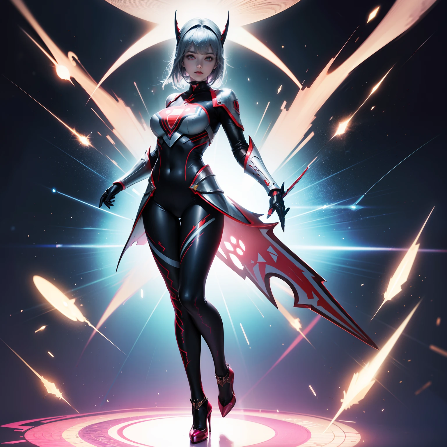 (full body:1.5),(1girl:1.3),(looking at viewer:1.4),(anatomy correct:1.3),(Wearing Printed Fantasy Ultraman suit and pointed high heels ,and Very thick Printed ta Pantyhose :1.35), (Light particle effect:1.3),(In pink | amarelo | blue colors| green color |red colors | white colors| black in color| purpleish color| greys| Beige| Flesh color 1.4),(Glowing eyes:1.3),(Large amplitude action: 1.3),(Accurate and perfect face:1.4),(Clothing Gloss:1.25),(Skin reflection:1.25),hyper HD, Ray traching, reflective light,structurally correct, Award-Awarded, high detal, lightand shade contrast, Face lighting,cinmatic lighting, tmasterpiece, super detailing, high high quality, high detal, best qualityer, 16k,high contrast,