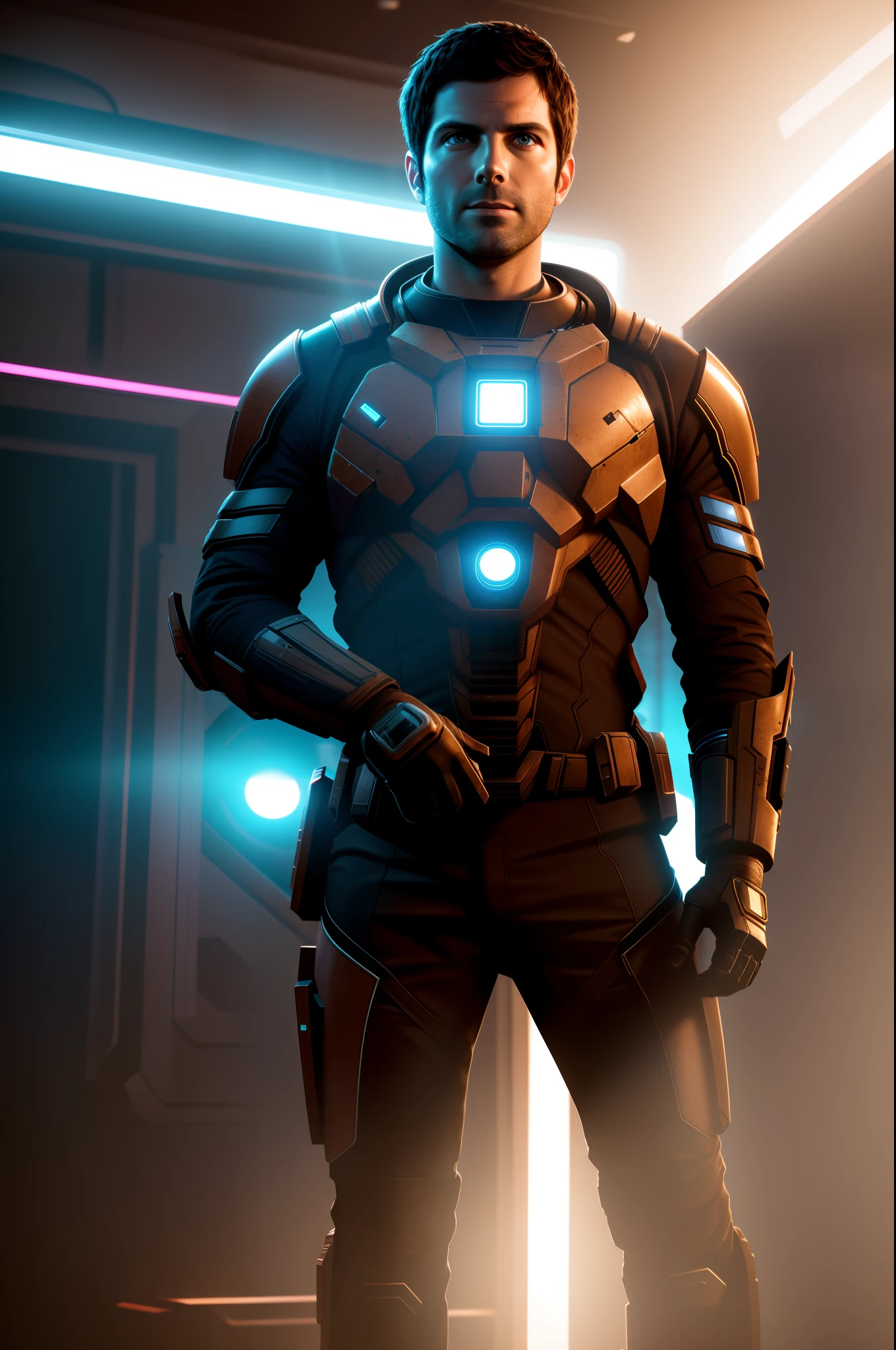 Sci Fi Horror Dead Space David Giuntoli on Ishimura Haunted Space Ship, electronic circuits hanging loose in background, high contrast, shiny skin, backlighting, chromatic aberration, sharp focus, photography, natural light, photorealism, cinematic rendering, ray tracing, the highest quality, the highest detail, Cinematic, Third-Person View, Blur Effect, Long Exposure, 8K, Ultra-HD, Natural Lighting, Moody Lighting, Cinematic Lighting