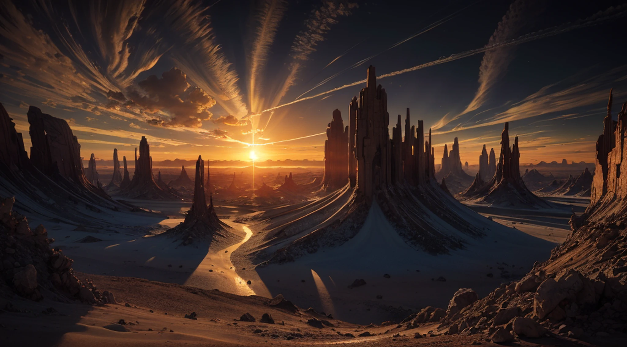 alien landscape, imagination, (realista), clear sky, compositing, sun sunset, (HDR:1.5), ao ar livre, detalhes intrincados,