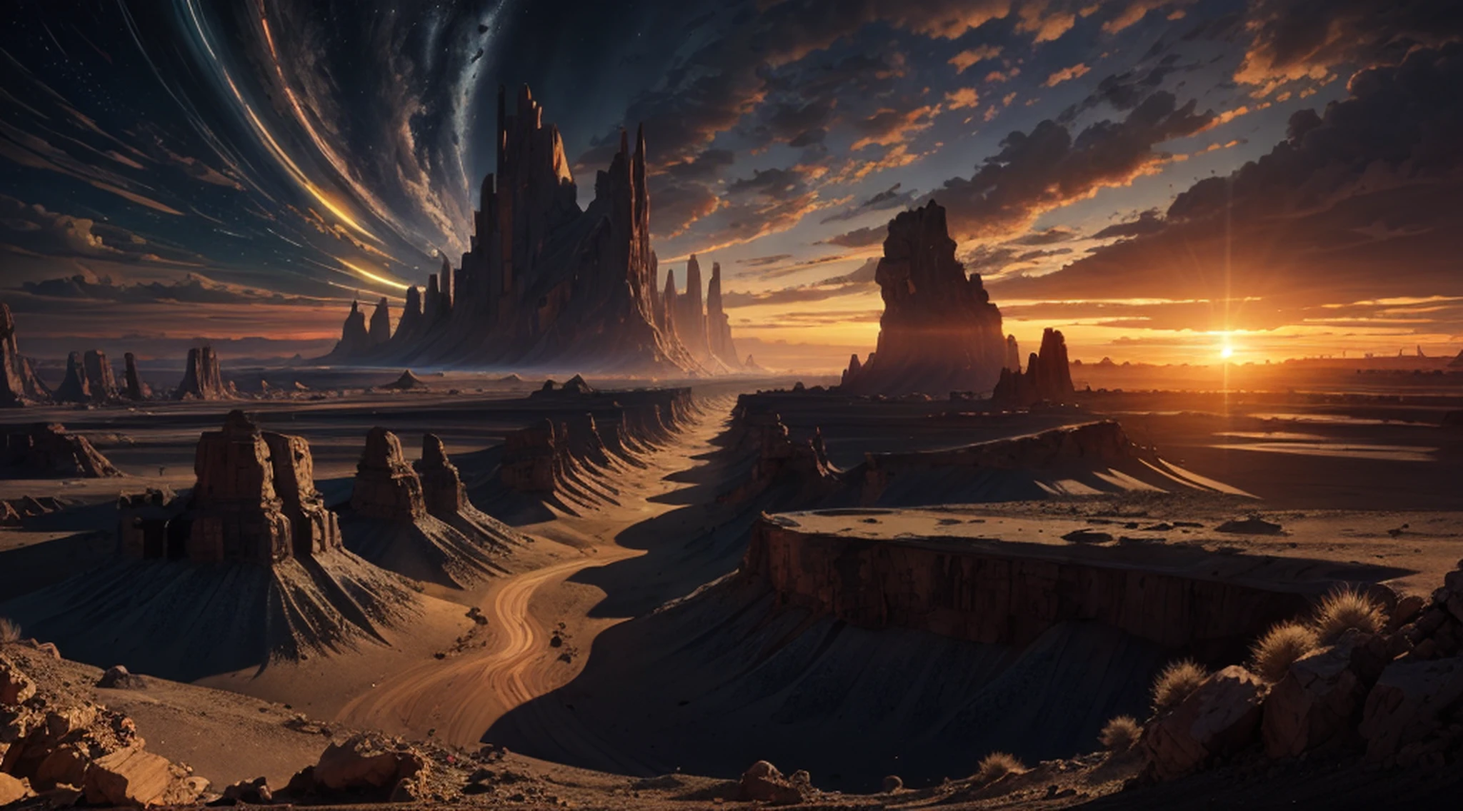 alien landscape, imagination, (realista), clear sky, compositing, sun sunset, (HDR:1.5), ao ar livre, detalhes intrincados,