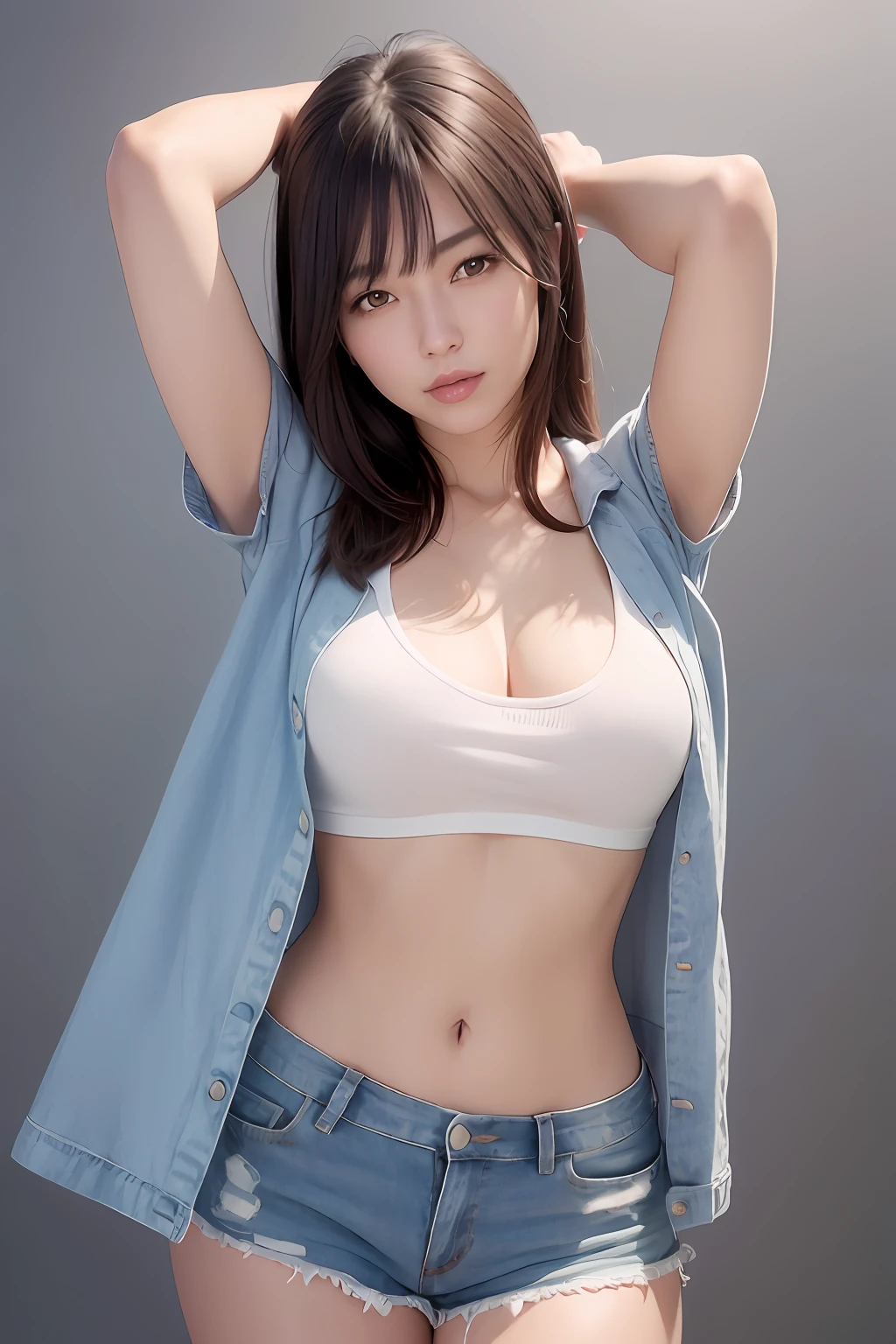 (8K、top-quality、masterpiece:1,2)、(realisitic、Photorealsitic:1,37)、top-quality、masterpiece、beautiful japanese female、tiny chest、Women Wearing Shirt Crop V Neck Top White T-Shirt Korean Fashion Women T、Tight open grey jacket、Beautiful and toned body、cleavage of the breast、Denim shorts、Seductive smile with dimples、Photo B、(realisitic、Photorealism:1.37)、(top-quality)、(Best Shadows)、(The best illustrations)、超A high resolution、High-definition CG unified with 8K wallpapers、physically-based renderingt、Cinematic lighting)、Shot in a fashionable café