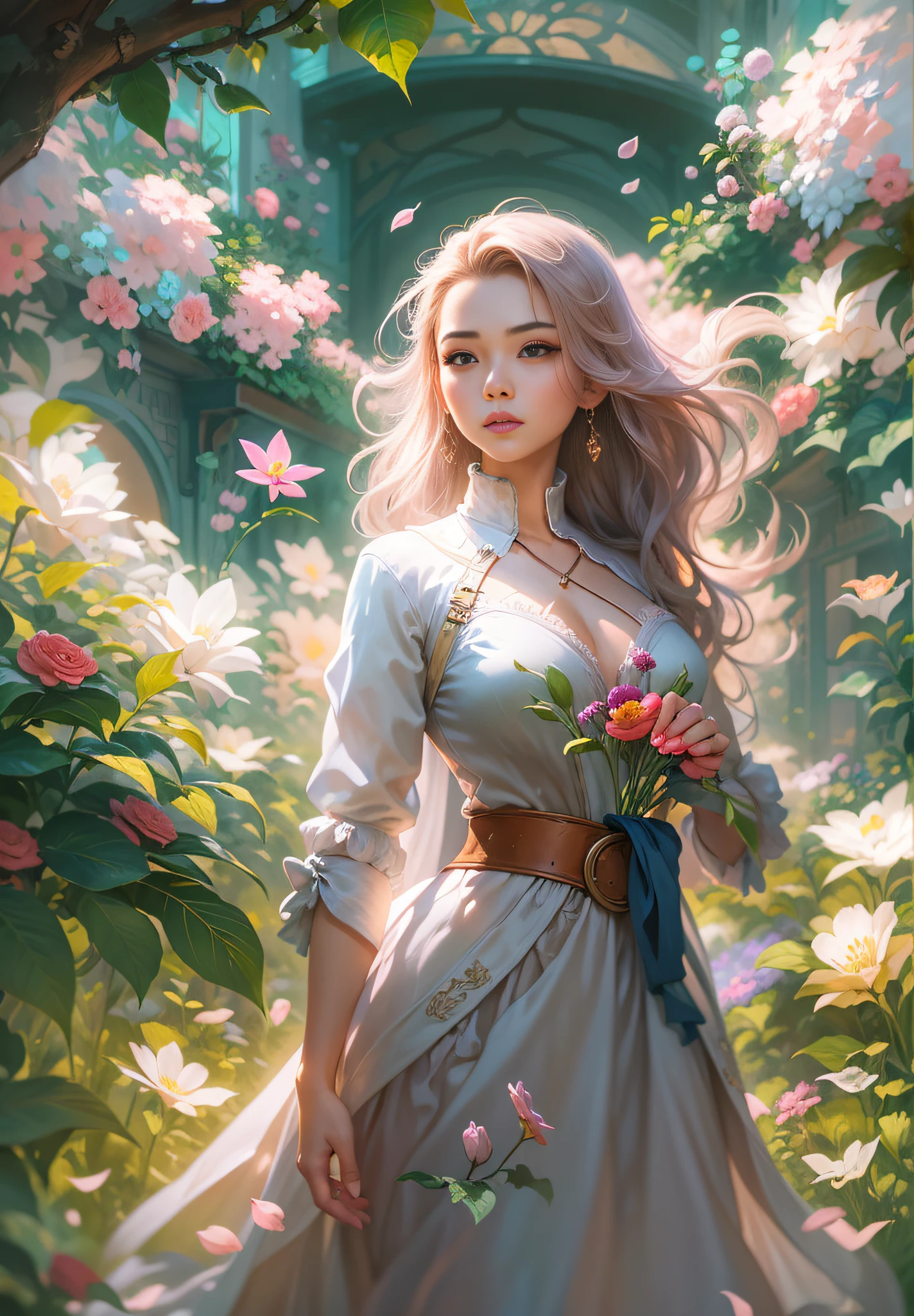 There was a woman standing in the garden，There are flowers, Ross Tran style, Beautiful digital artwork, Ross Tran 8 K, Beautiful digital illustration, ross tran. scenery background, In the style of Ross Tran, author：ross tran, Guviz-style artwork, Style Artgerm, magali villeneuve', Guviz, guweiz masterpiece