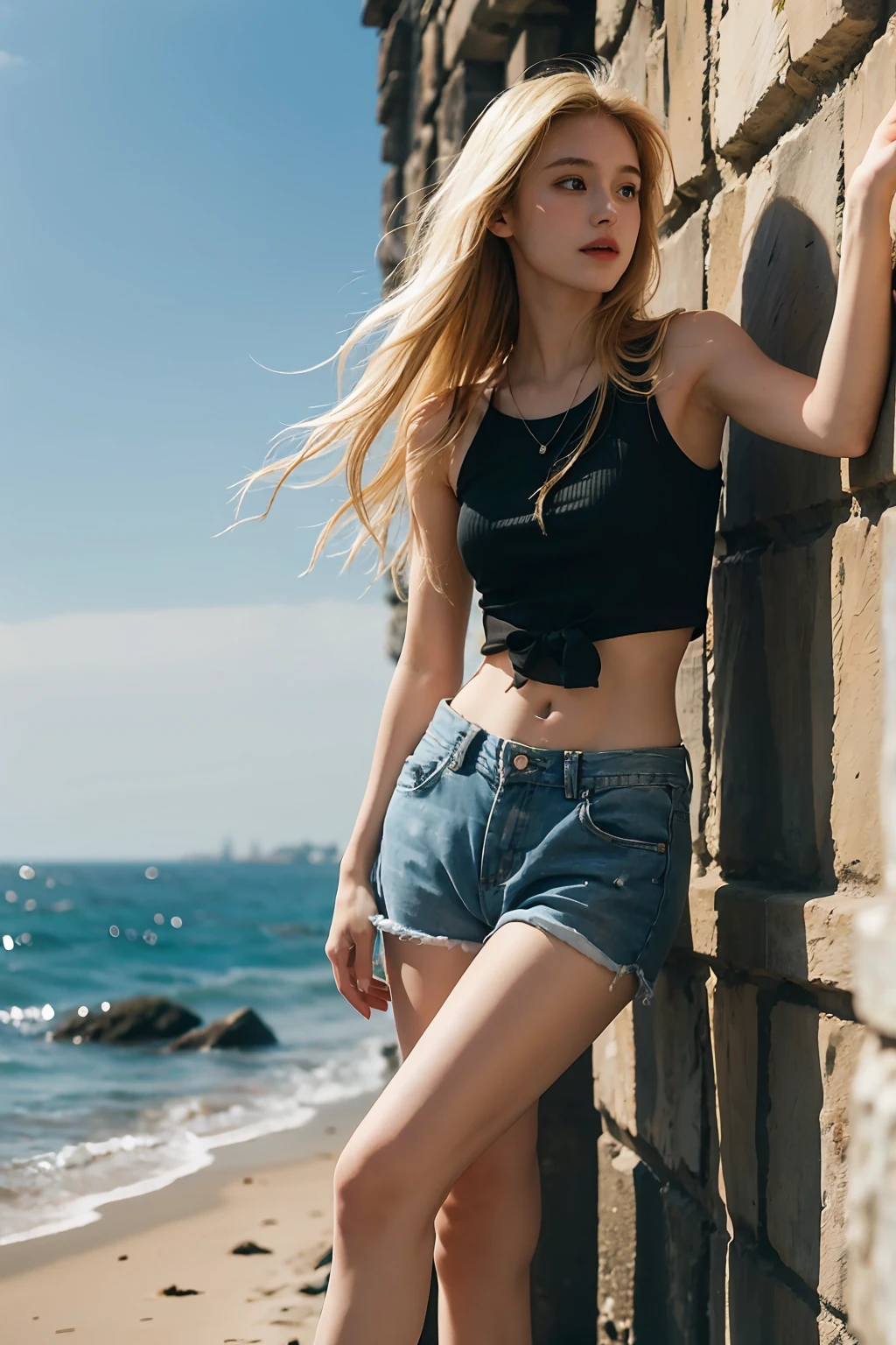 ,album,incredibly_absurdres,realistic,midriff,shorts,contemporary,female，Natural expression，Multiple-view，With one's hair down，A slim figure，White and delicate skin, Natural Light，Seaside,blonde hair