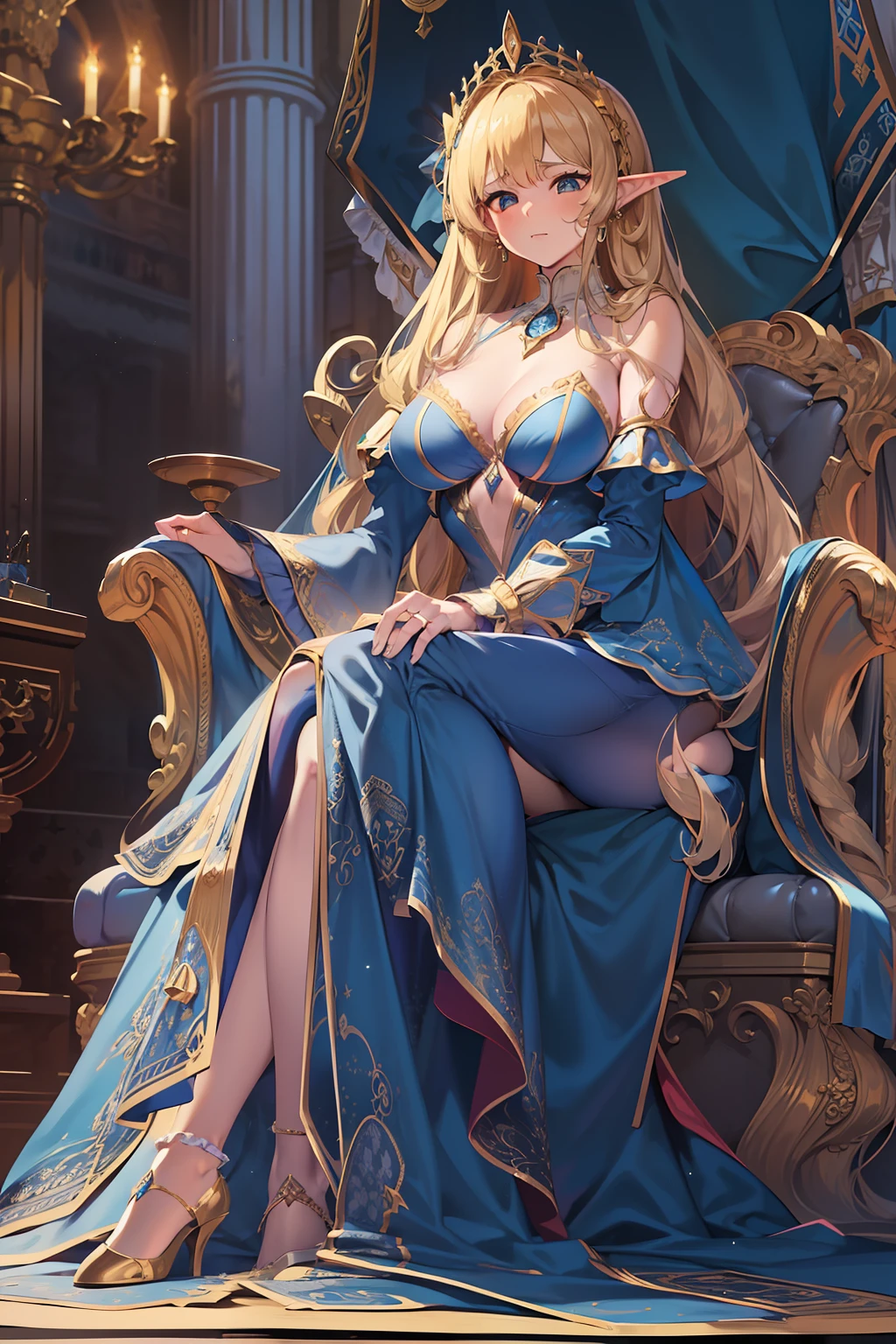 (Realistic), (Highres), 4K, 8K, Detailed Illustration, Ultra-Detailed, Ambient Light, Backlighting, Realistic Shadows, Glowing Particles, Light Particles, Digital Art, Detailed Face, Detailed Hair, (Hyper-Detailed Eyes:1.2), Soft Light, Soft Lighting, (Outdoors:1.15), Renaissance, Renaissance Architecture, Hyper Detailed Architecture, Vintage Windows, Red Curtains, (Throne:1.4), (Sitting on Throne:1.2), Front, Frontal, Huge Throne, Ornate Throne, Royal Throne, Massive Throne, (Blonde Hair:1.15), Bangs, Shiny Hair, short braids, Blue Eyes, Closed Mouth, Dignified Expression, Emotionless, Calm, Confident (Solo:1.4), Mature Female, Sexy Elf Woman, Full Body, Toned Thighs, Narrow Waist, Round Hips, (Huge Perky Breasts:1.1), Crossed Legs, (Crossed Arms:1.1) (Elegant Blue Dress:1.1), Ornate Clothes, Ornate Dress, (Blue Off-Shoulder Dress:1.1), Bare Shoulders, Skindentation, (Blue Dress:1.1), (White Puffy Sleeves, Long Sleeves, Juliet Sleeves:1.1), Long Sexy Dress, cleavage, covered , (Ballroom Gown:1.3), (Frilled Dress:1.3), (Jewelry:1.15), Collar, Gorget, Gold-Trim, Regalia, Knight (NSFW 1.1)