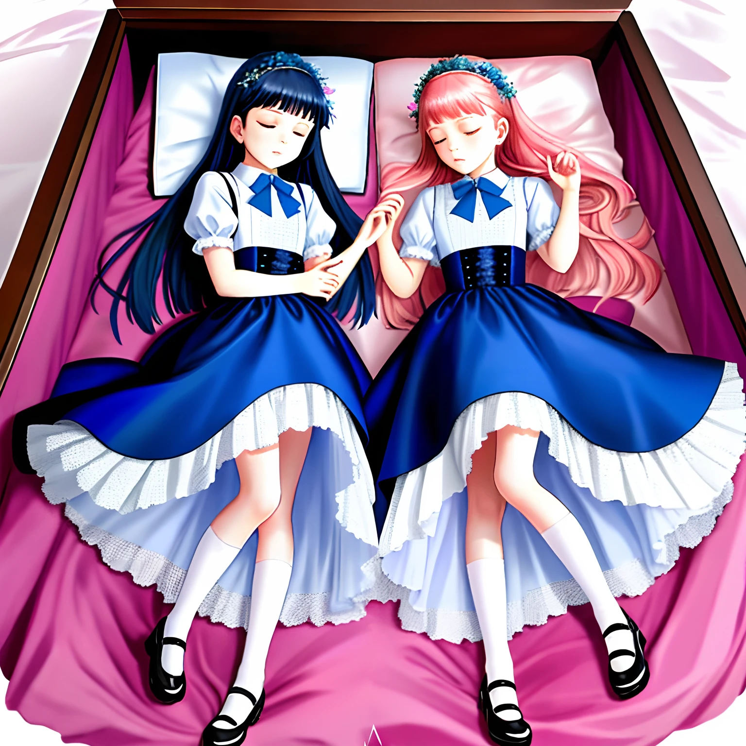Beautiful twin sisters sleeping in a coffin，Evening wear，White cotton socks，The older sister wears Blue Mary Jane shoes，The younger sister wears pink Mary Jane shoes，Real Human，serene，florals，Royal Sister