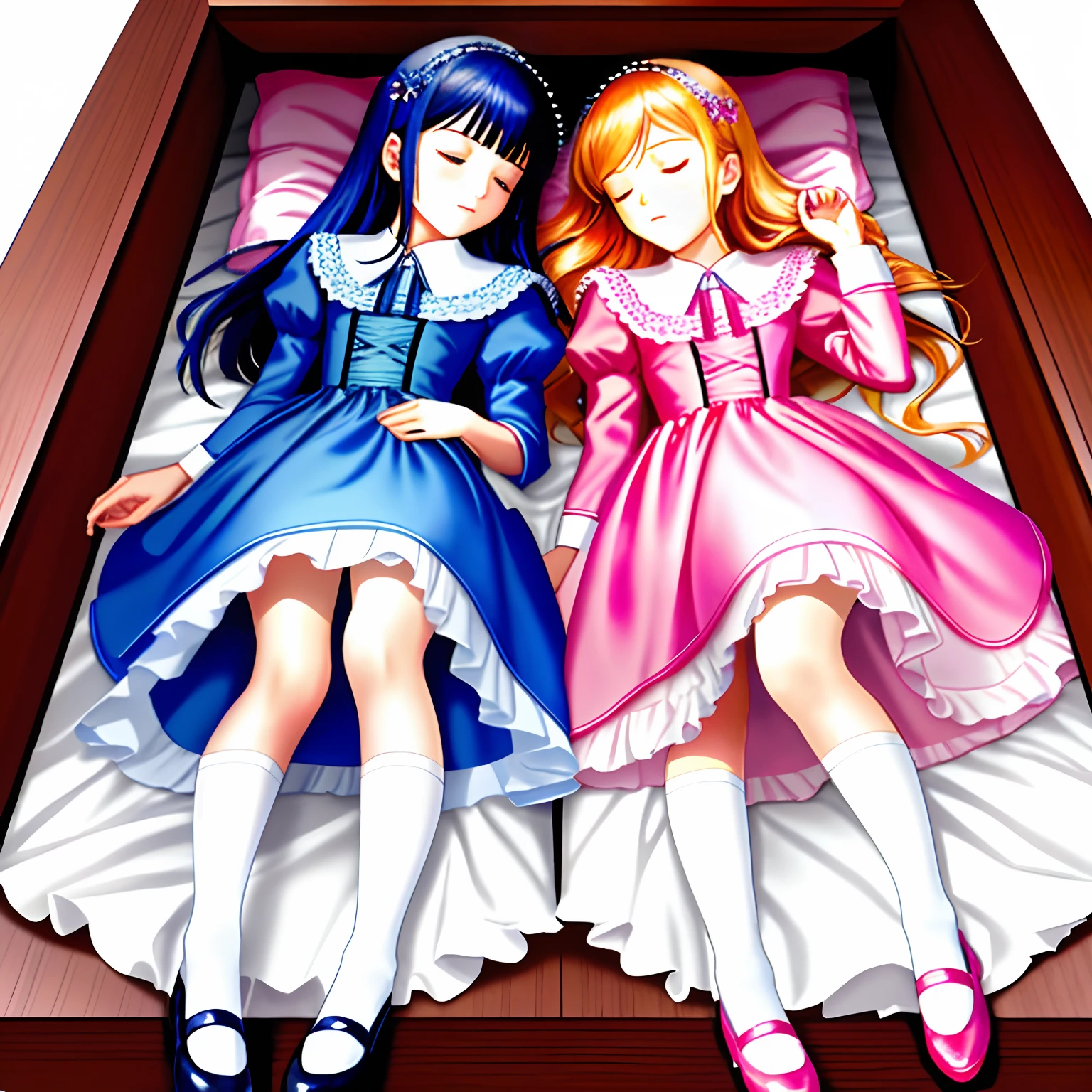 Beautiful twin sisters sleeping in a coffin，Evening wear，White cotton socks，The older sister wears Blue Mary Jane shoes，The younger sister wears pink Mary Jane shoes，Real Human，serene，florals，Royal Sister
