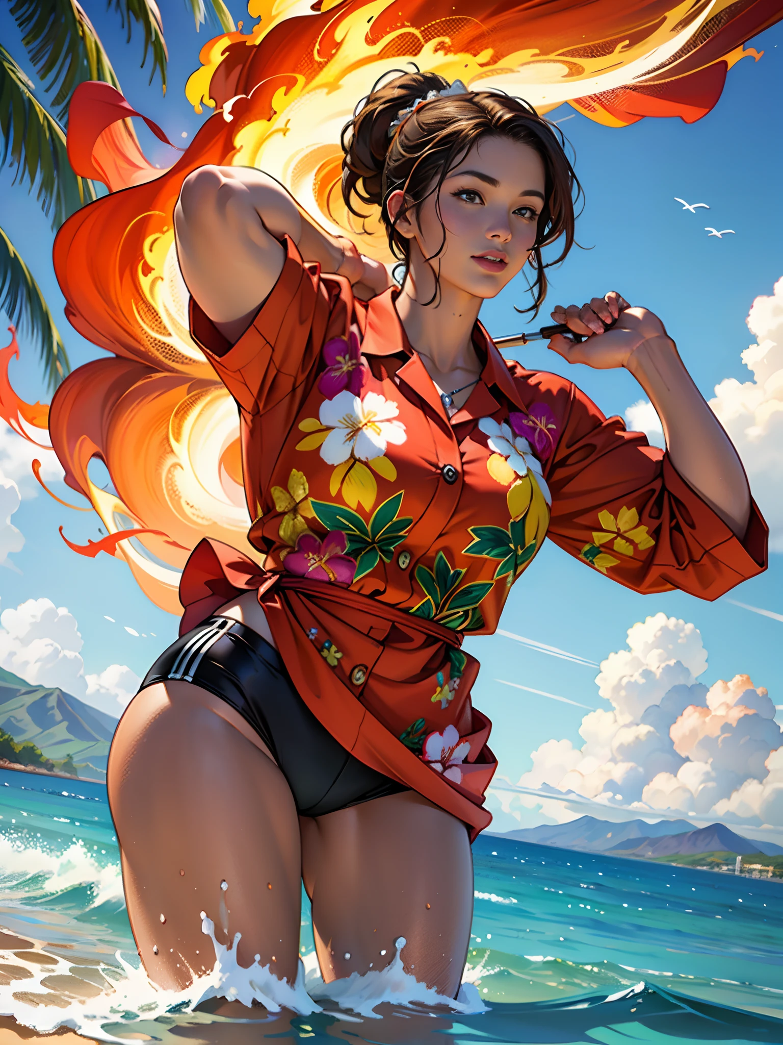 Hawaii Lahaina burning fire in the back, 1 girl painting from the water view, style by Jaime Frias, Best quality, realistic, award-winning illustration in color, (complicated detail: 1.2), (fine detail)