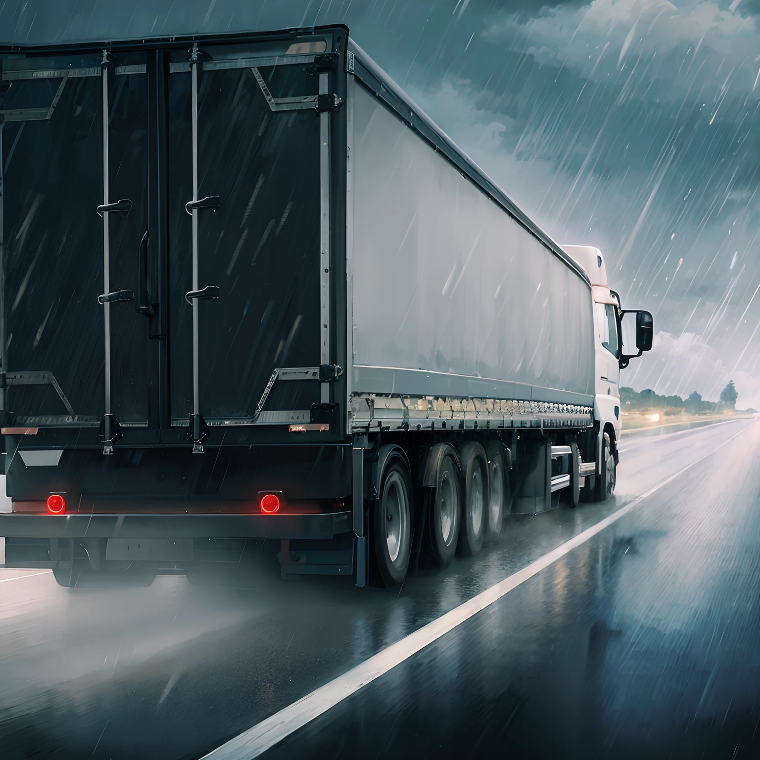Transport truck in the rain