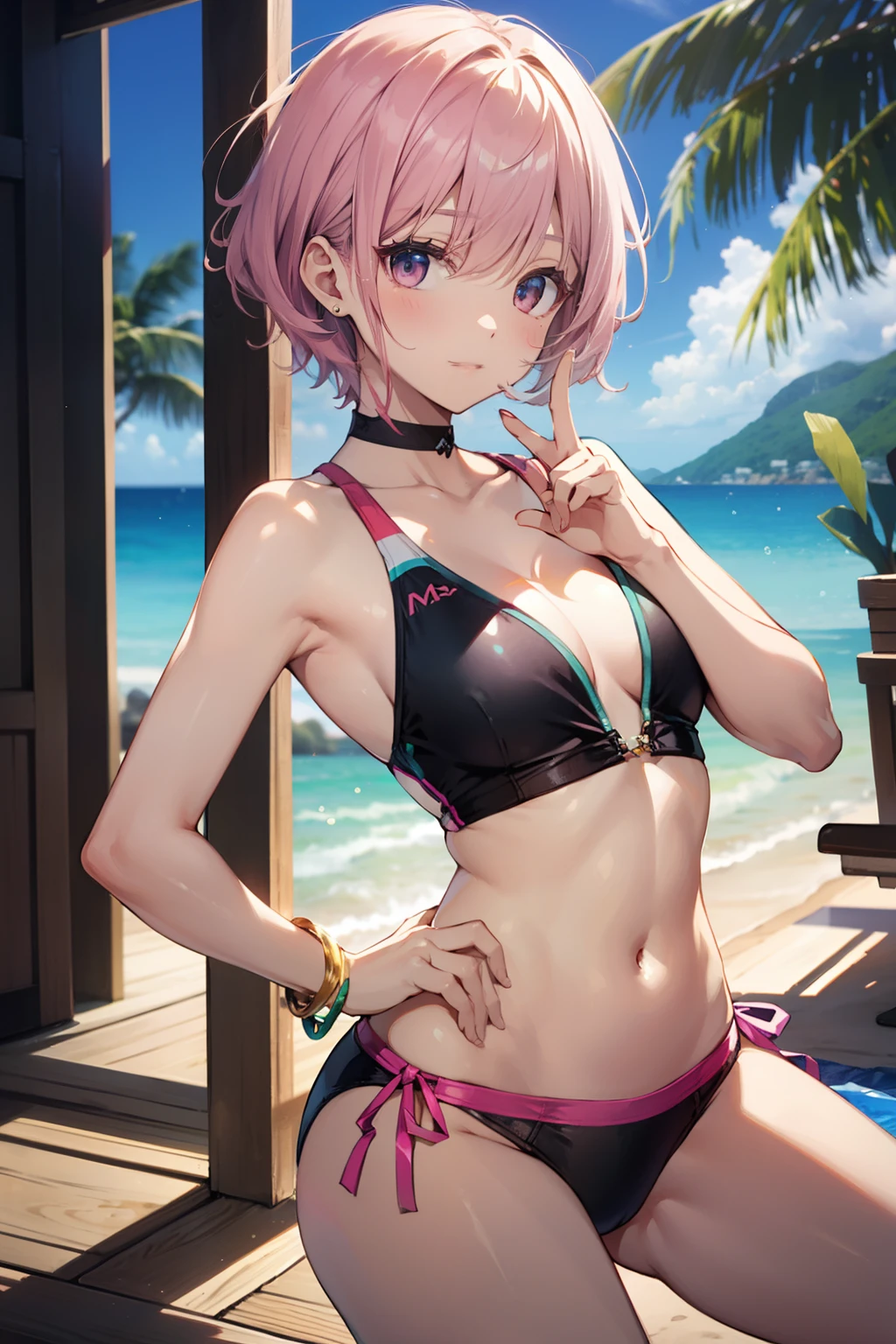 top-quality、Full limbs、complete fingers、Slender beauty、Pink shorthair、Color School Swimwear、Small eyes、idol