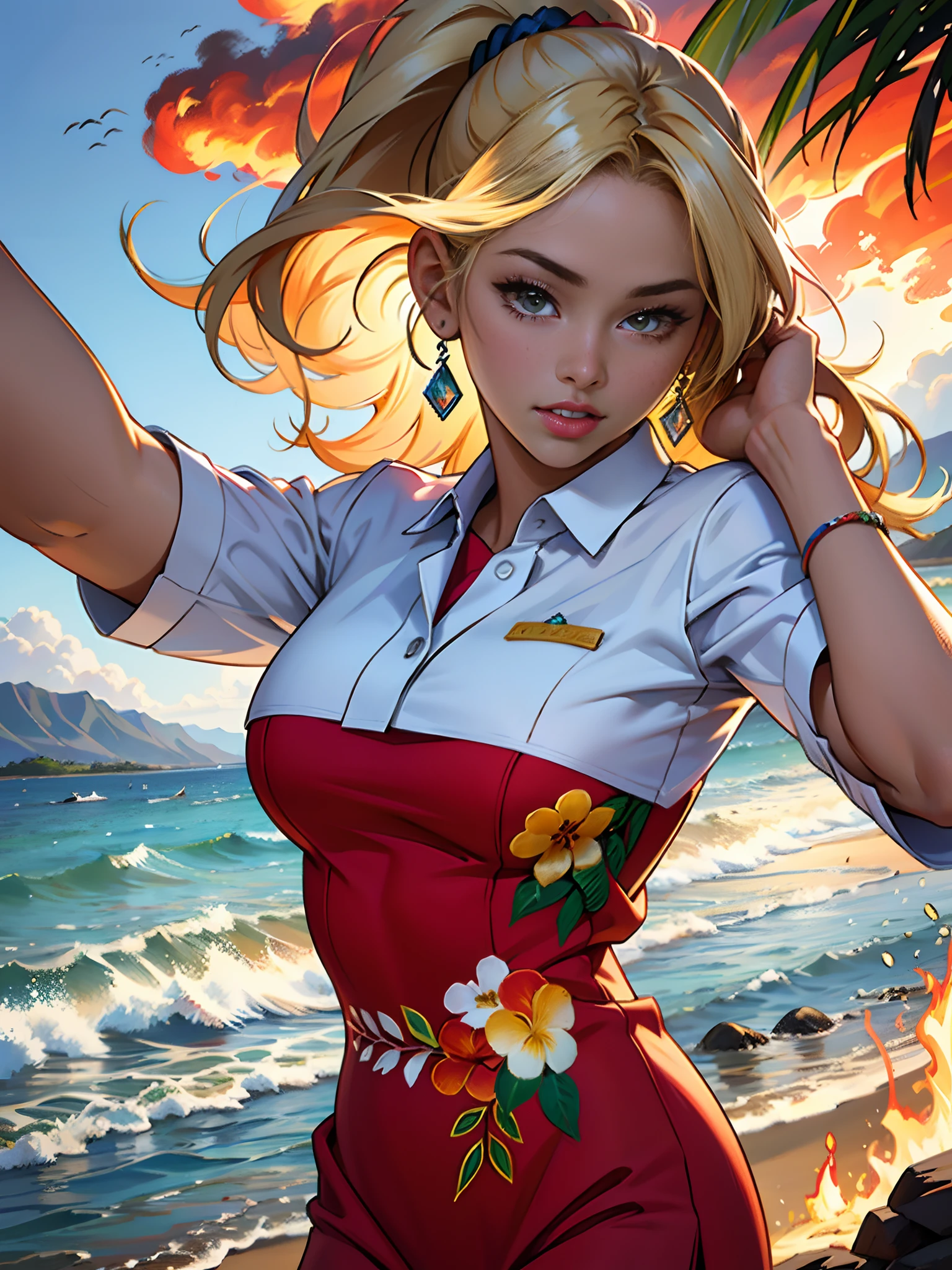 Hawaii Lahaina burning fire in the back, 1 girl painting from the water view, style by Jaime Frias, Best quality, realistic, award-winning illustration in color, (complicated detail: 1.2), (fine detail)