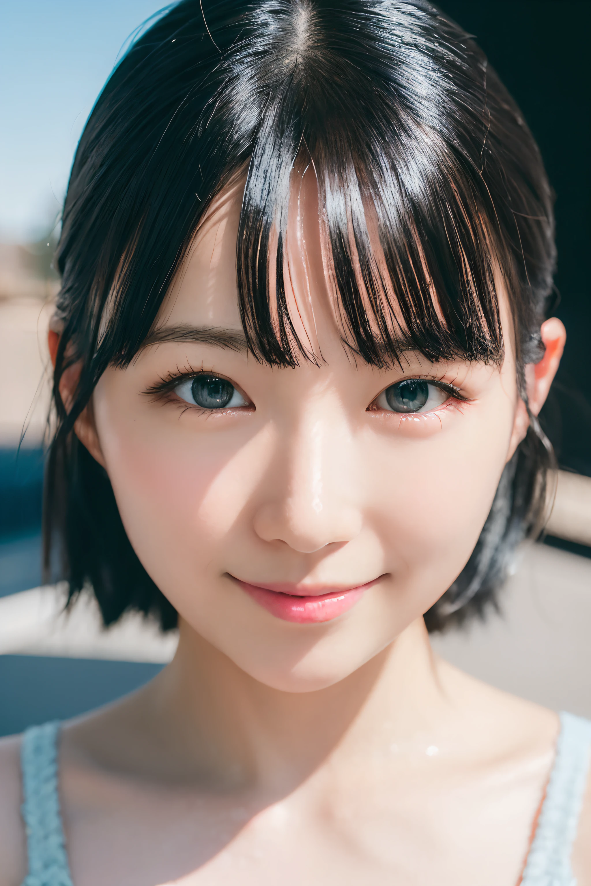 Black hair, hair bobbles, wince, longeyelashes, Solid Circle Eyes, lightsmile, ear blush, surrealism, drop shadow, anaglyph, stereograms, Tachi-e, POV, Atmospheric perspective, 8K, Super Detail, ccurate, Best Quality