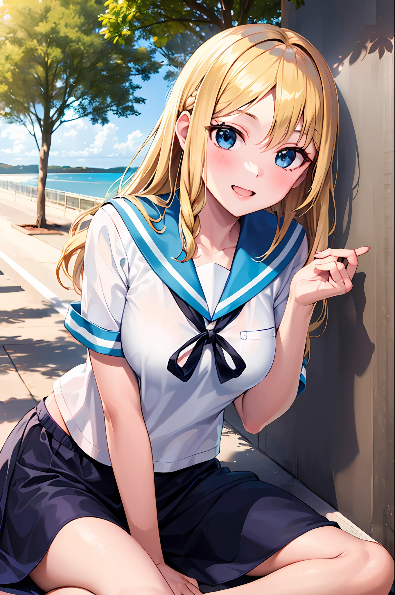 (best quality,realistic:1.37), detailed blonde hair, detailed blue eyes, detailed lips, school uniform with sailor suit, white frog-patterned panties, playful and sweaty atmosphere, lively and energetic classroom, mischievous girl showing her panties to classmates, juicy and vibrant colors, vibrant lighting, anime style
