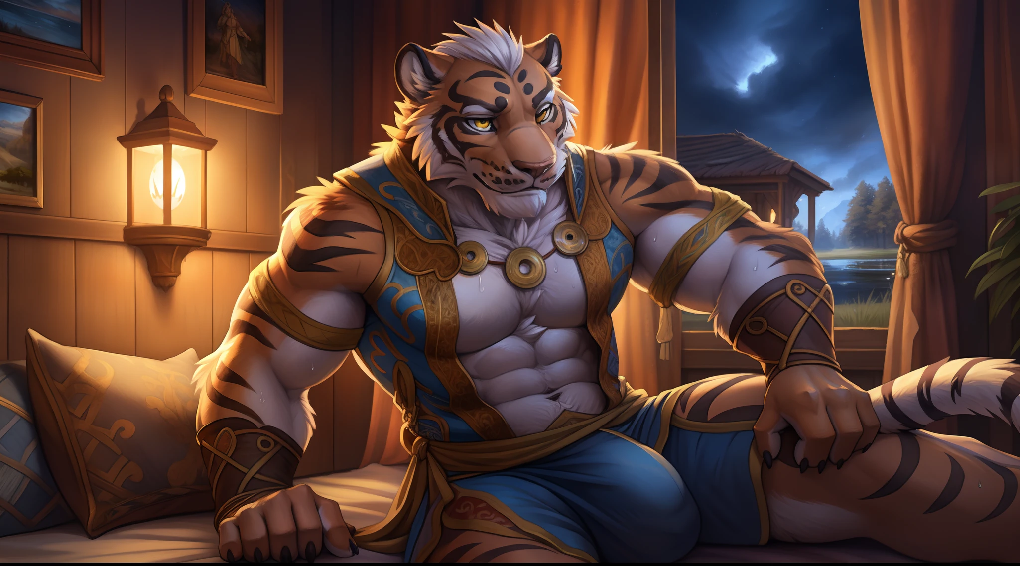 linhu, Male, Masterpiece, Extreme picture quality,extreme hight detail,Furry, anthro, felid, (Tiger), Detailed face, detailed yellow eyes, Detailed hands, Solo, NSFW, Muscular, Adult, Mature male , (bodyhair), Tribal warriors, Viking, marshes, Night, (drops of sweat),Venous skin art, Bulge,(Penile erection:1.7) ,Large balls and sheaths:1.5,Thick humanoid genitalia,Genital fluid,cum shots,Shoot on the chest,shot on the body,high qulity, absurd res, Photorealistic, Realistic digital painting, artwork of a, Dramatic lighting, Contrast, Detailed shadows,pino daeni,(by ruaidri),virtyalfobo,by Zackarry911, by Zaush, (By personalami:0.5),8K HD,dark shadow,Wide dynamic range,hdr,low-light:1.2
