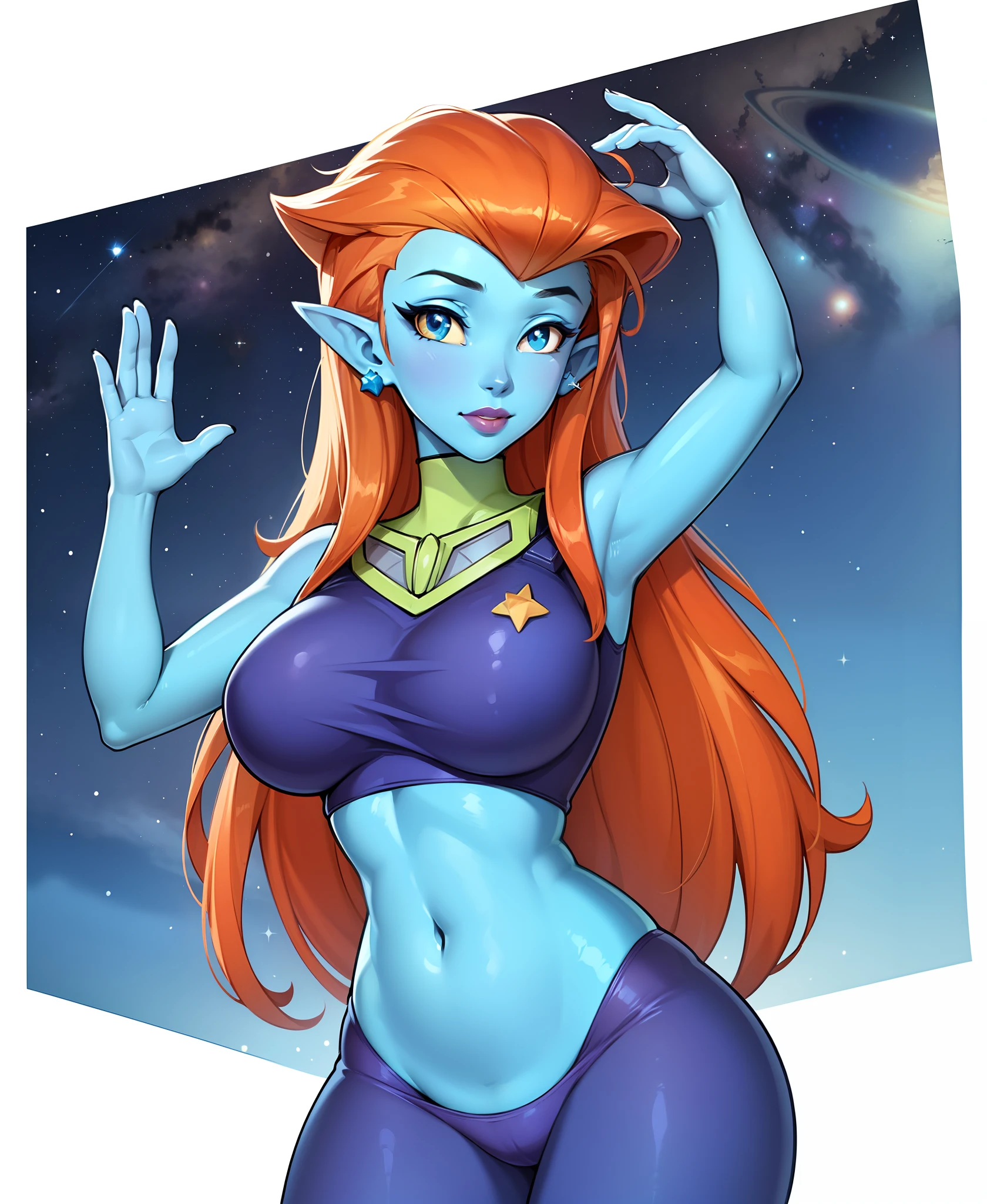 ((masterpiece,best quality)), cinematic composition,
mira_nova, orange hair, blue skin, looking at viewer,  
curvy, pointy ears, 
space suit, panties, space panties,
Space, stars, planets,