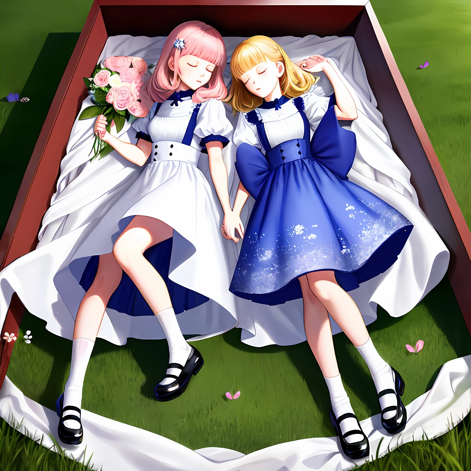 Beautiful twin sisters sleeping in a coffin，jk，White cotton socks，The older sister wears Blue Mary Jane shoes，The younger sister wears pink Mary Jane shoes，Real Human，serene，florals，Royal Sister