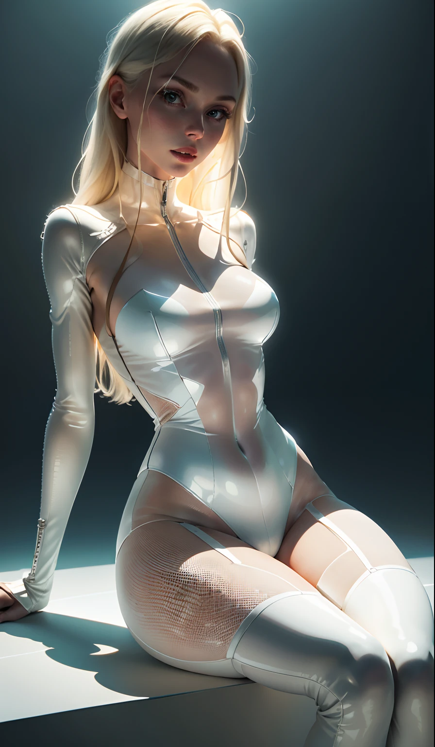 4K，realisticlying，Glamorous，The is very detailed，wearing bodysuit，white straitjacket，Long light blonde hair，see-through transparent clothes，full bodyesbian，the sky background，sit astride，Raise your legs，The face is delicate，Sharp eyes