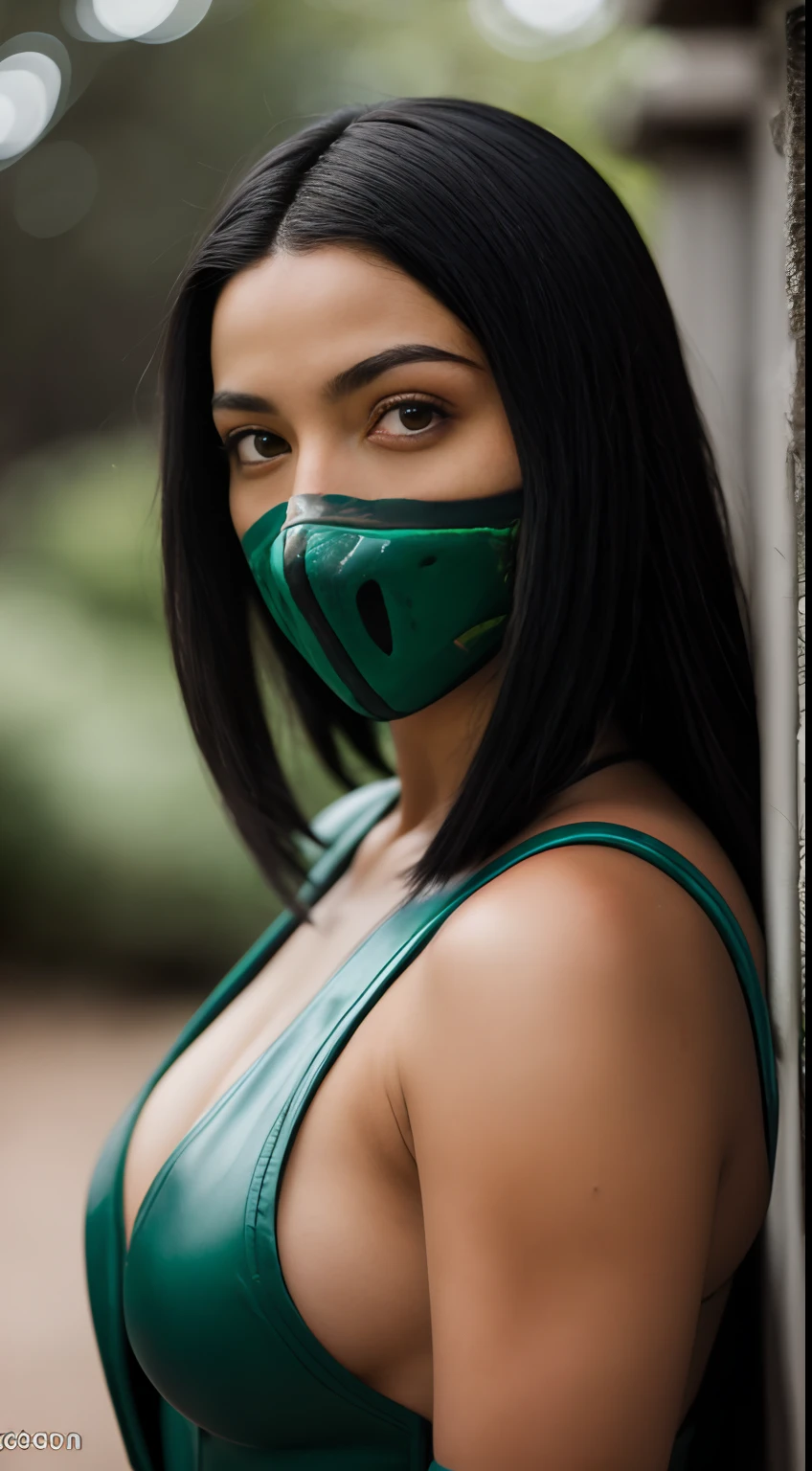 Foto RAW em sequencia, uma foto de uma adolescente 16anos, ((corpo inteiro:1.3)),(((vestindo como cosplay jade mortal kombat))), rosto detalhado, planos de fundo detalhados pouco desfocados, luzes naturais, HDR, foto realista, foto profissional, flerte com o espectador, visual sexy, fotorrealista, Linda, pele natural, 8k UHD, alta qualidade, filmic grain, Fujifilm XT3
