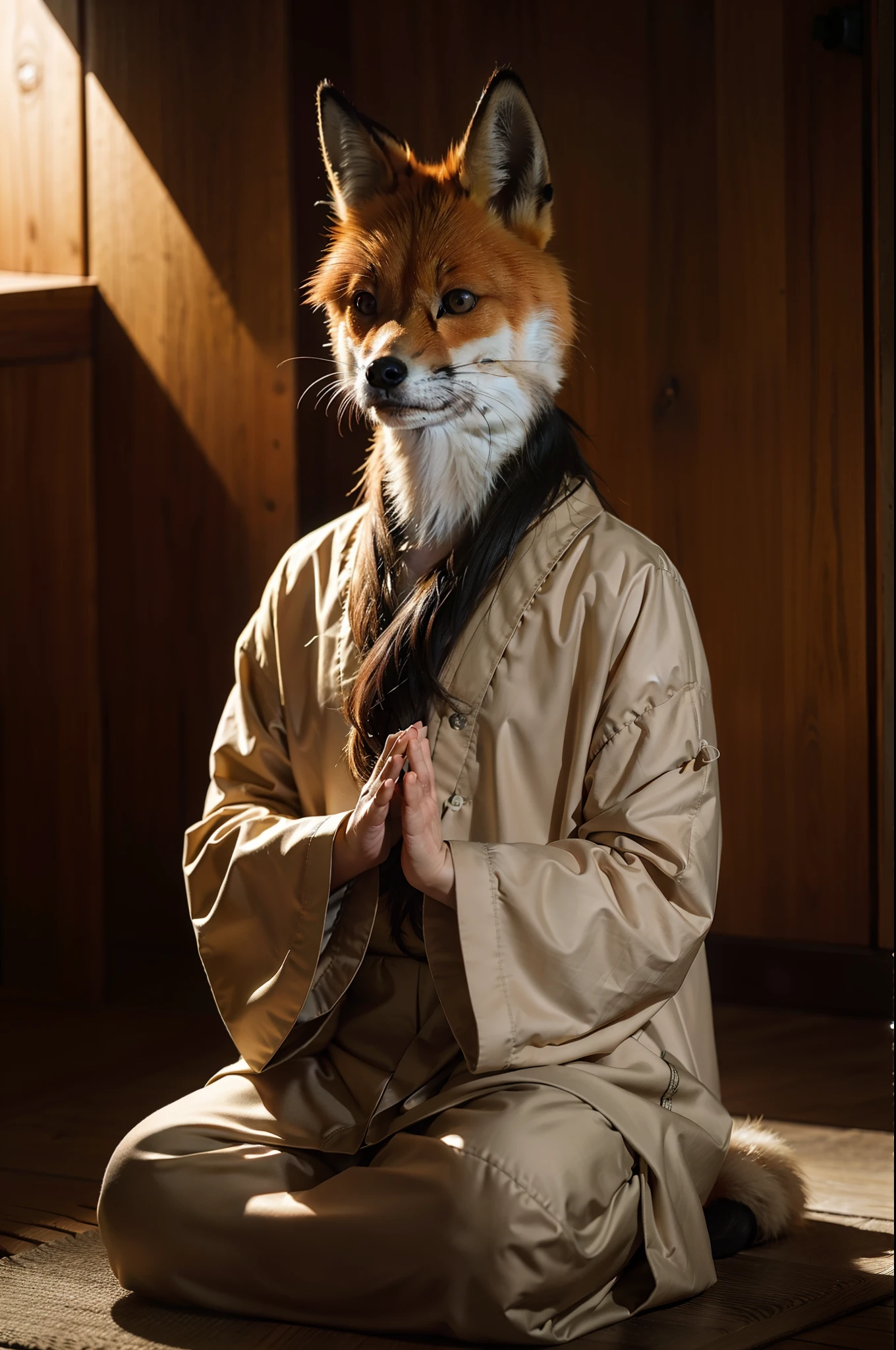 A hybrid of the fox man,Meditate,真实感,tmasterpiece。
