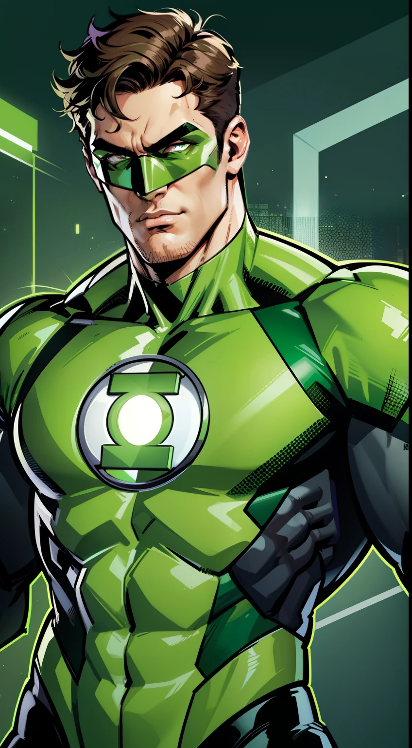 Green Lantern, Hal Jordan, full body shot, face of a 30s, tall, hunk, lean muscle, short hazel hair, neon green and black suit, light neon green lantern logo on the chest, best quality, masterpiece, high resolution, ((green ring)) on his right middle finger, dark green eyes mask, straight face, detailed face, detailed suit