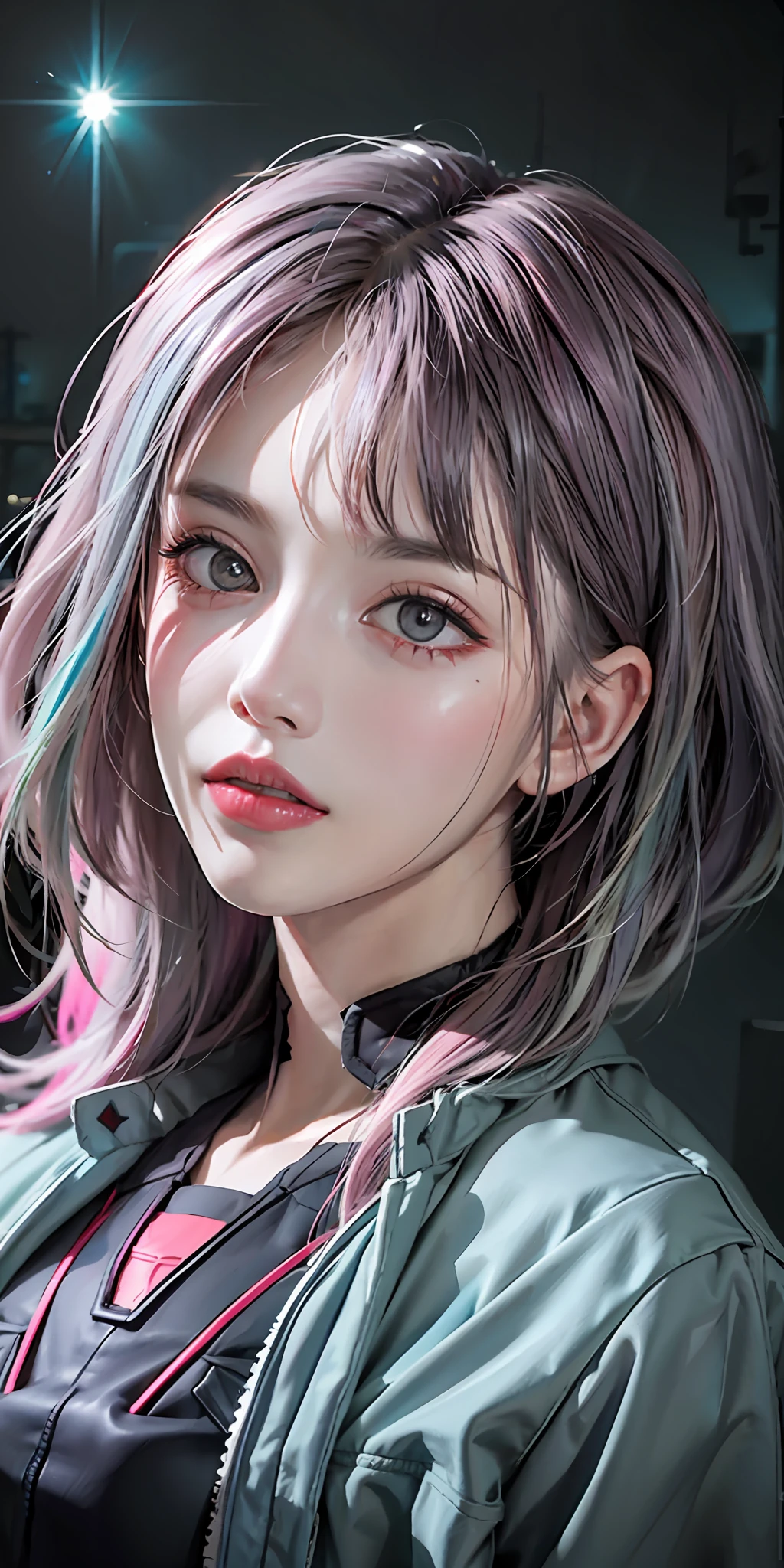 lucy \(cyberpunk\), 1girl,  hair scrunchie, hime cut, silver hair, colored tips, full moon, grey eyes, jacket, long sleeves, looking at viewer, medium hair, multicolored hair, parted bangs, parted lips, pink hair, portrait, red eyeliner, red lips, solo, white jacket, cyberpunk \(series\), rainy night in a cyberpunk city with glowing neon lights
