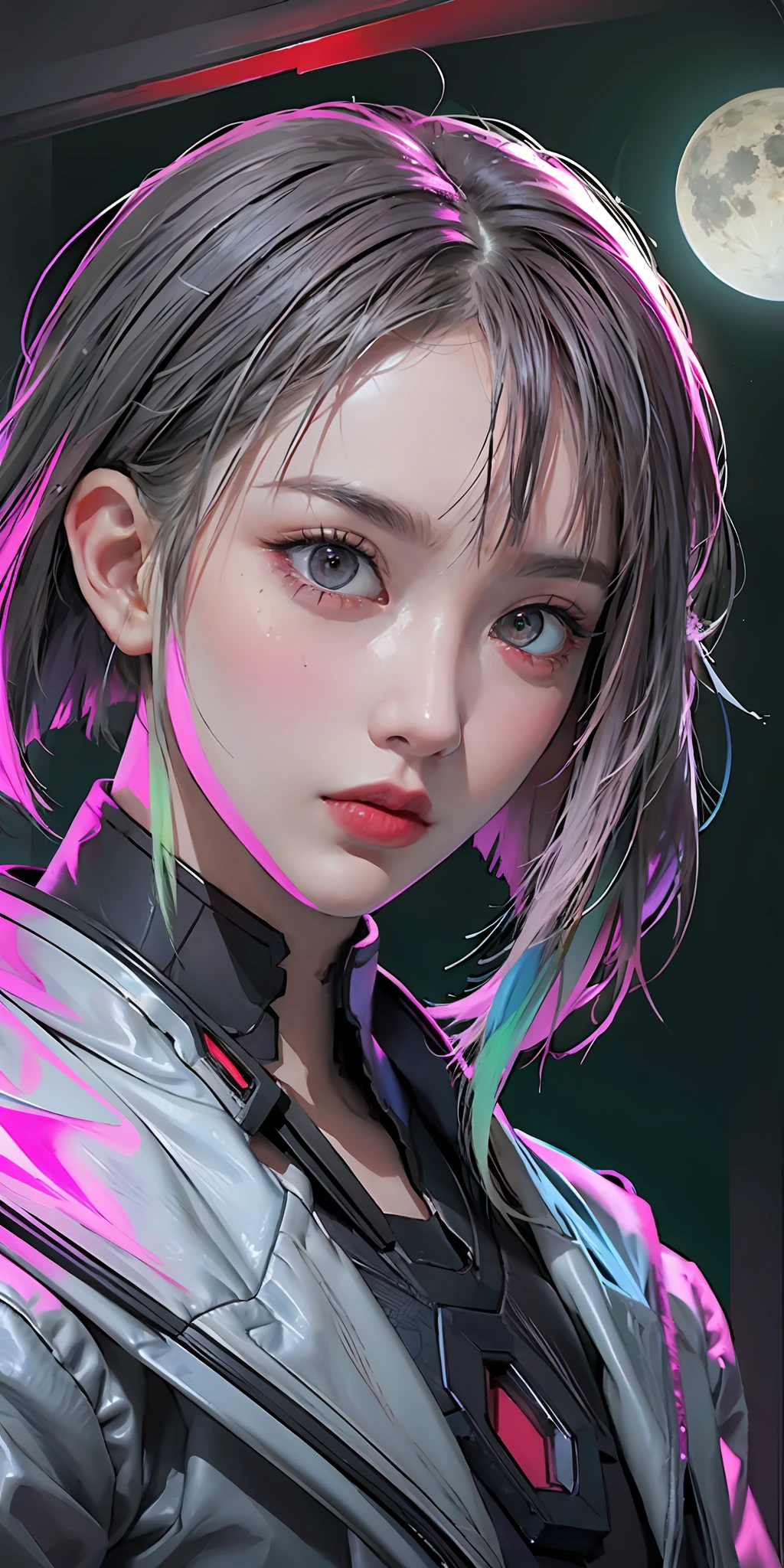 lucy \(cyberpunk\), 1girl, hair scrunchie, hime cut, silver hair, colored tips, full moon, grey eyes, jacket, long sleeves, looking at viewer, medium hair, multicolored hair, parted bangs, parted lips, pink hair, portrait, red eyeliner, red lips, solo, white jacket, cyberpunk \(series\), rainy night in a cyberpunk city with glowing neon lights