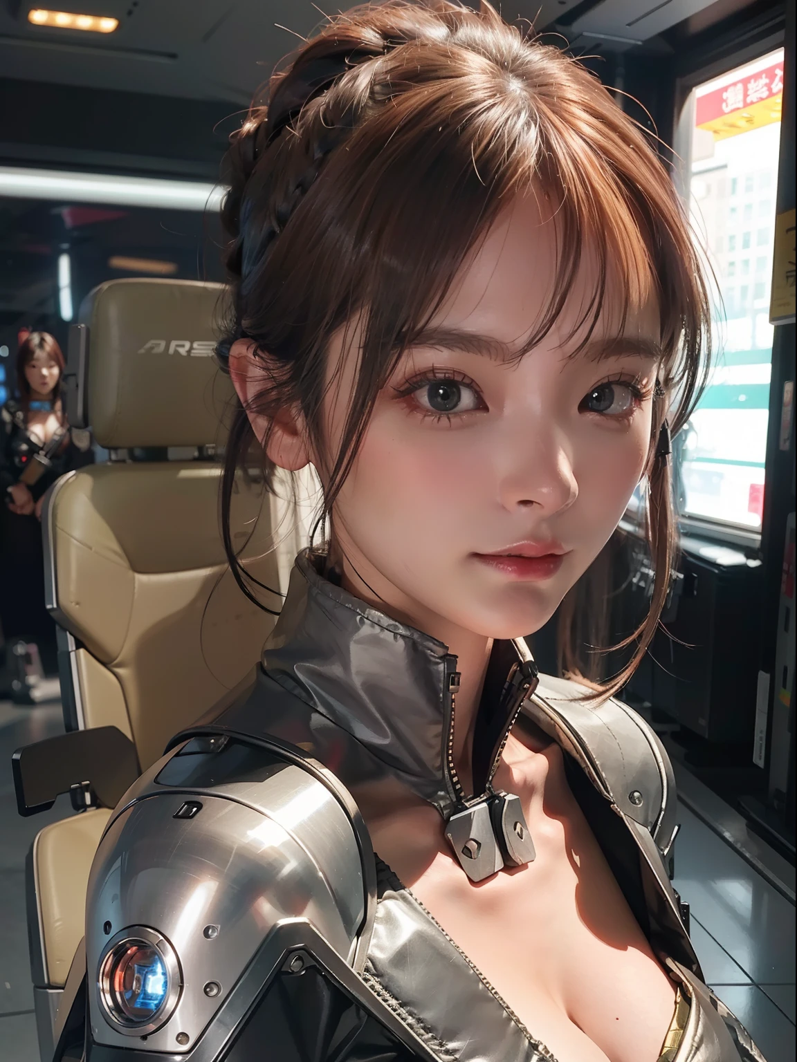 Best quality at best，超高分辨率，A beautiful girl who is the killer of doom，（Hold a very detailed futuristic technology firearm），Very detailed hair，1girll，Hyper-Resolution，Very detailed face，Very detailed light and shadow，（（full bodyesbian）），There are wires around the neck，（Faraway view），Realistic sci-fi cyberpunk power armored machine girl，Close-up portrait film，8k，hdr（（Complicated details，ultra - detailed）），（The light from the back window is backlighted：1.3），（cinematic ligh：1.3），（ArtStation：1.3）gigantic cleavage breasts，Colossal tits