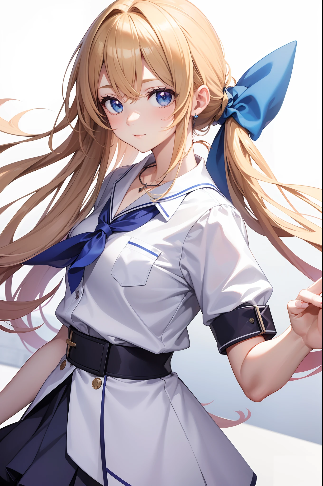 masterpiece, best quality, AiHayasakaV4, 1girl, solo, breasts, looking at viewer, blush, bangs, blue eyes, blonde hair, simple background, shirt, hair ornament, white background, hair between eyes, jewelry, closed mouth, school uniform, white shirt, upper body, collared shirt, necklace, side ponytail, scrunchie, hair scrunchie, blue nails, blue scrunchie, shuuchiin academy school uniform