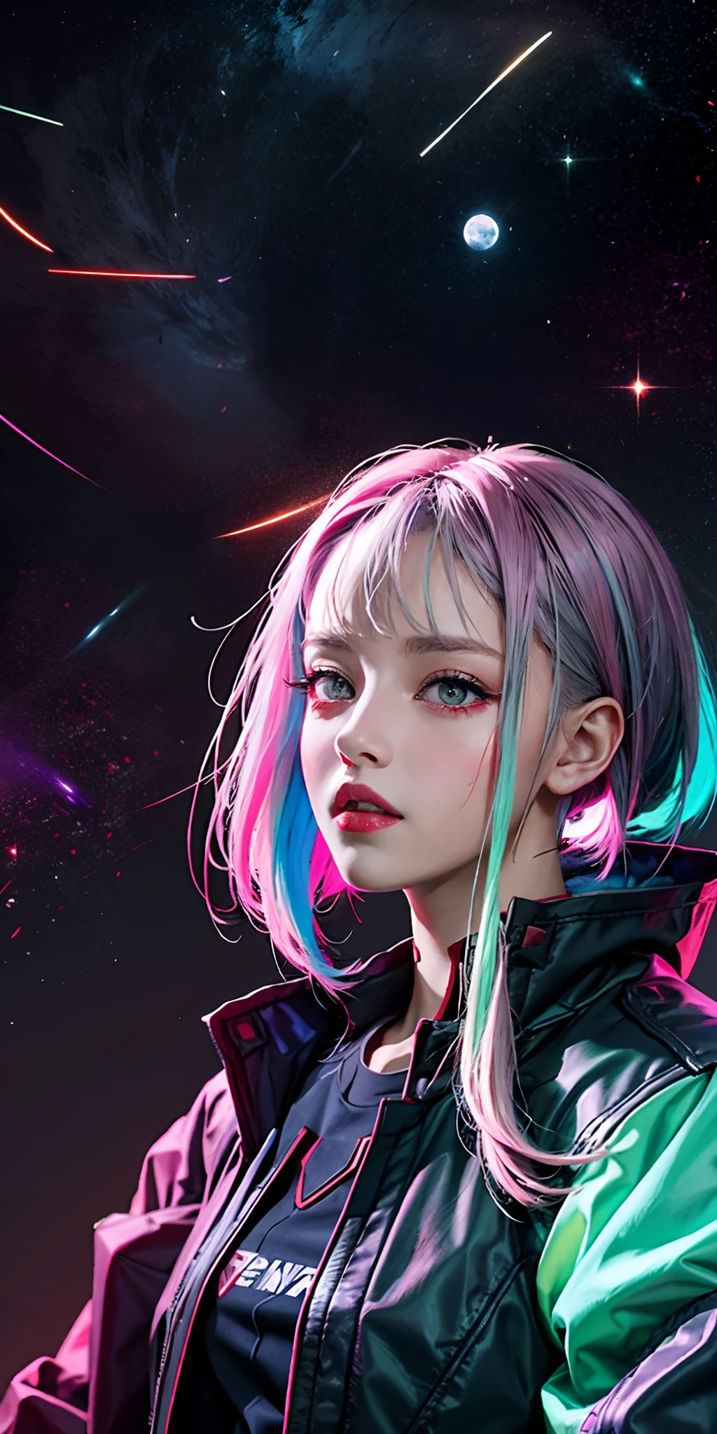 lucy \(cyberpunk\), 1girl,  hair scrunchie, hime cut, silver hair, colored tips, full moon, grey eyes, jacket, long sleeves, looking at viewer, medium hair, multicolored hair, parted bangs, parted lips, pink hair, portrait, red eyeliner, red lips, solo, white jacket, cyberpunk \(series\), rainy night in a cyberpunk city with glowing neon lights