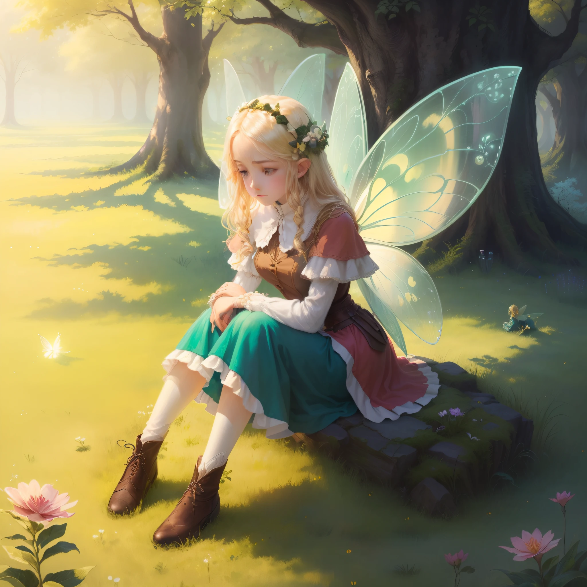a fairy of no and flora has big wings, blond hair, is sitting in the green grass. is sad
