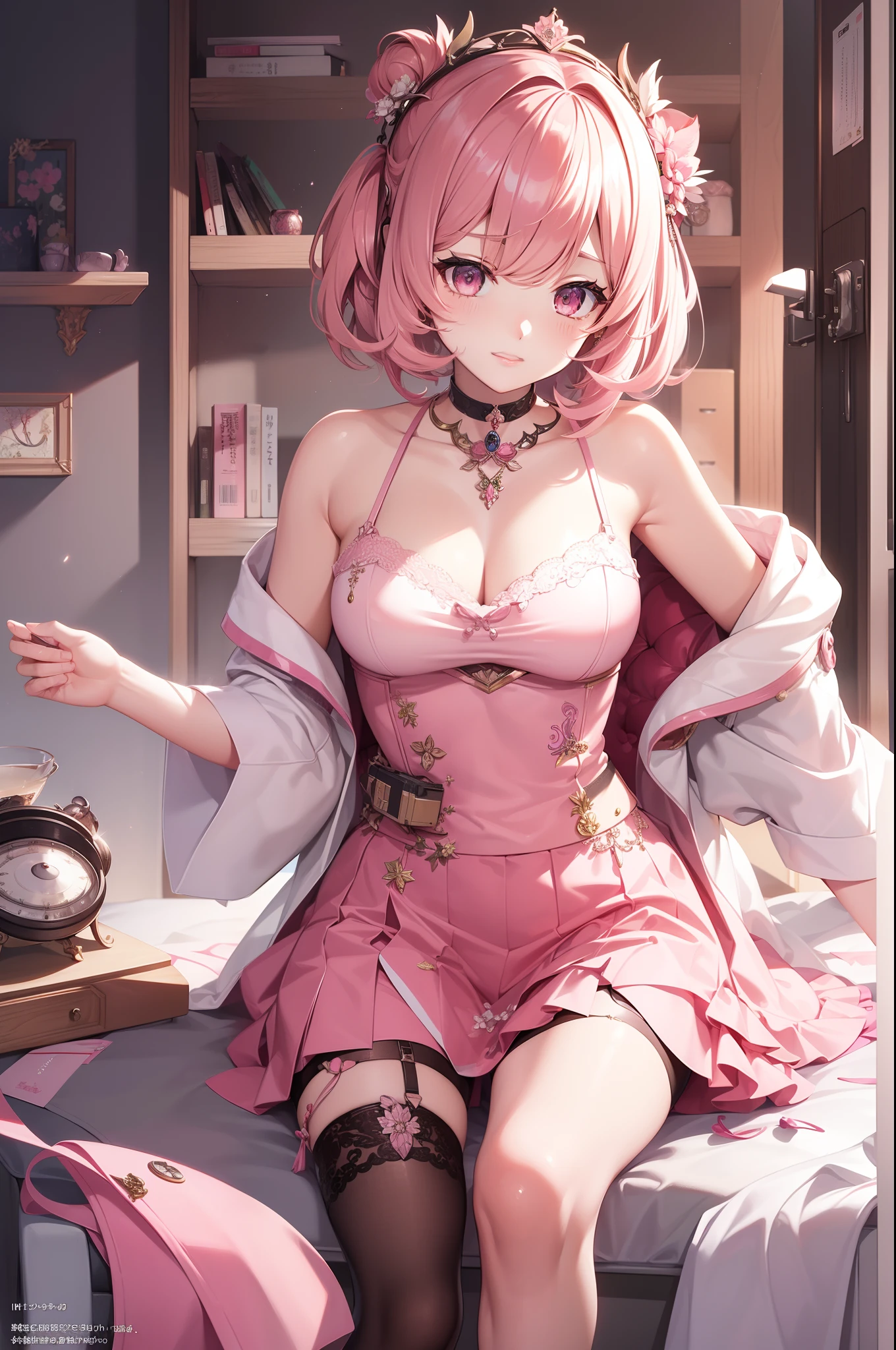 (Anisfia_Wynn_Paletia:1.2), Pink skirt, Short hair, sittinng on the desk, bookshelf, Chemical set, (((Masterpiece))),(((Best quality))),(((Extremely detailed))),illustration, Shiny,chromatic aberration abuse,Pastel color,