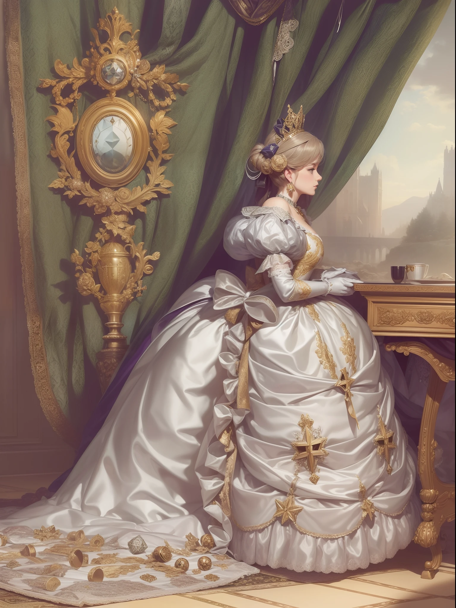 John Tenniel art, A stately and elaborate Coronation Gown of Royal Purple Velvet, Silver Damask and Gold Brocade adorned with ermine, (((huge ribbon bows))), rosebuds, bejeweled satin sashes, diamond stars, (((diamond crosses))), regalia, royal insignia, orders of chivalry, badges of rank, embroidery and jewels, with (((enormous puffed sleeves))), an hourglass waist, and a (((voluminous crinoline hoopskirt))), (((bustle))) and train, long white gloves