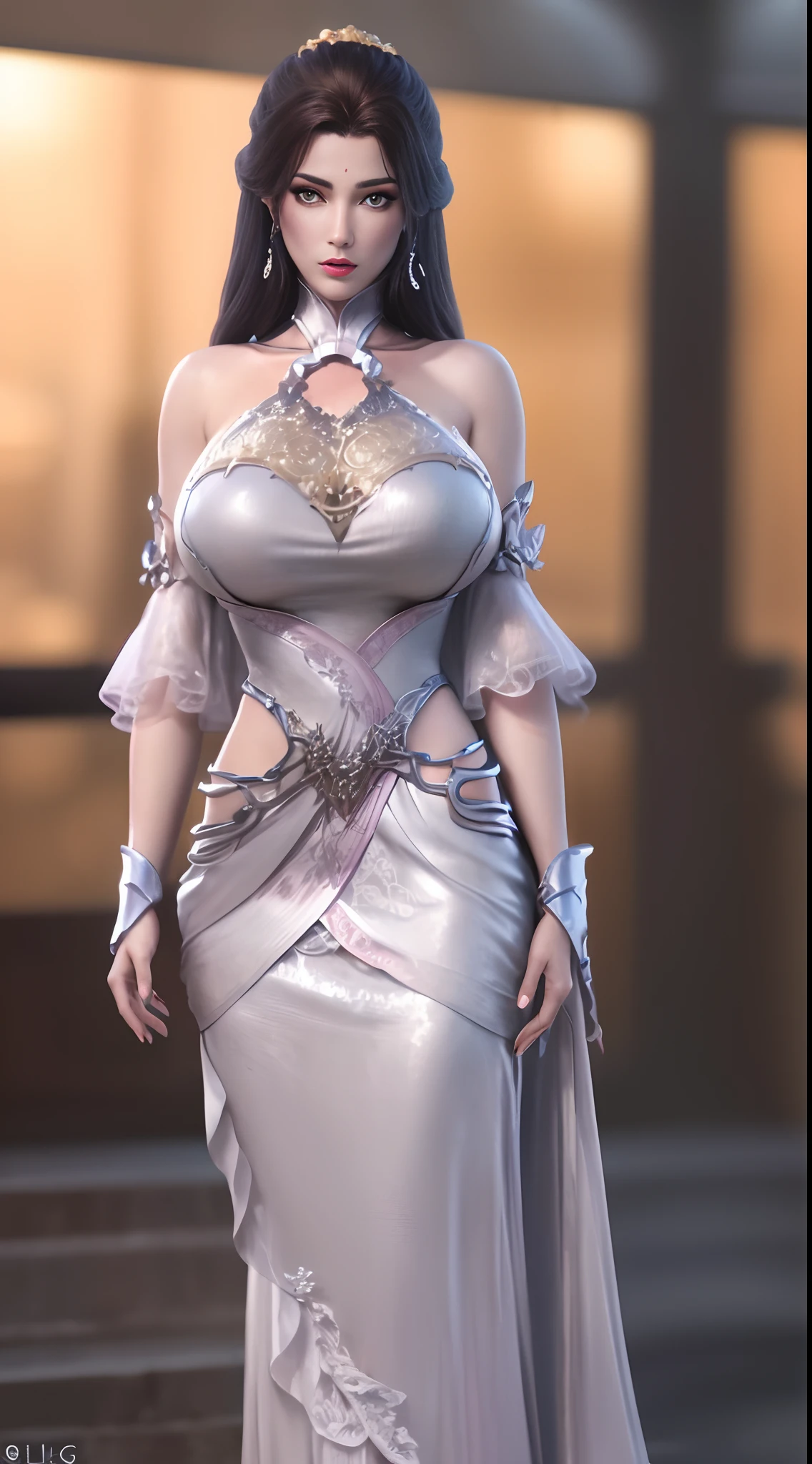 Solo, 1 Beautiful Female, Wuxia World, (1 Girl), (Full figure:1.2), (standing:1.1), (Xiuxian World), (big breasts, round breasts:1.4), (big buttock:1.1), (shiny skin:1.1), Chinese Immortal Wuxia, (Purple Cross-collared Top, Ancient Long Skirt, Embroidered Cape, Streamer), Brunette Hair, Chinese Coiled Bun, Hairpin, Light Pink Lips, Calm, Intellectual, Delicate Face, Masterpiece, Best Quality, High Quality, High Definition, High Quality Texture, High Quality Shadows, High Detail, Cinematic Light, Side Lighting, Ray Tracing, Sharp Focus, Realistic, Edge Light, Two-tone Light, (Detailed Skin Details: 1.2), 8k uhd, SLR, soft light, high quality, high resolution, (very detailed CG unity 8k wallpaper)