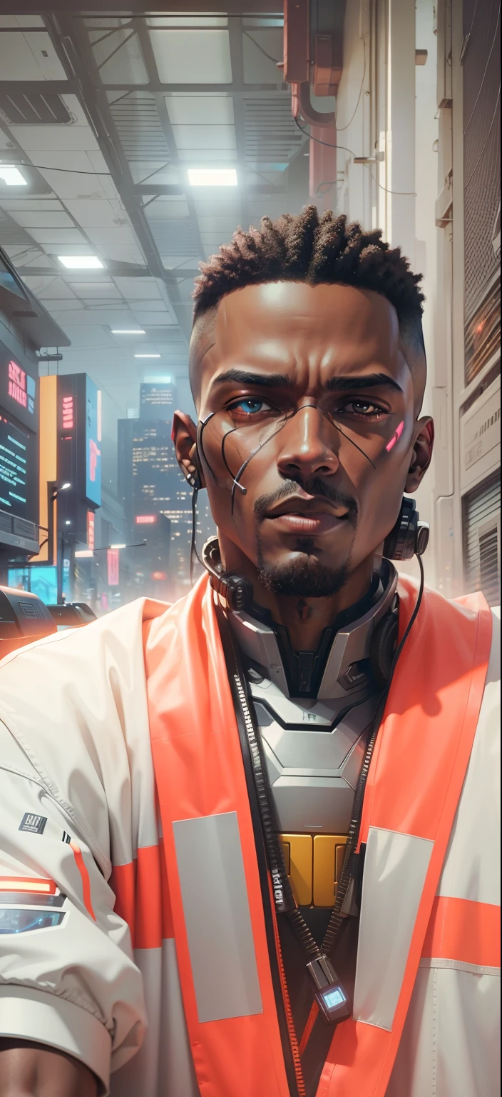 Image 4K black man in cyberpunk scene part robotic