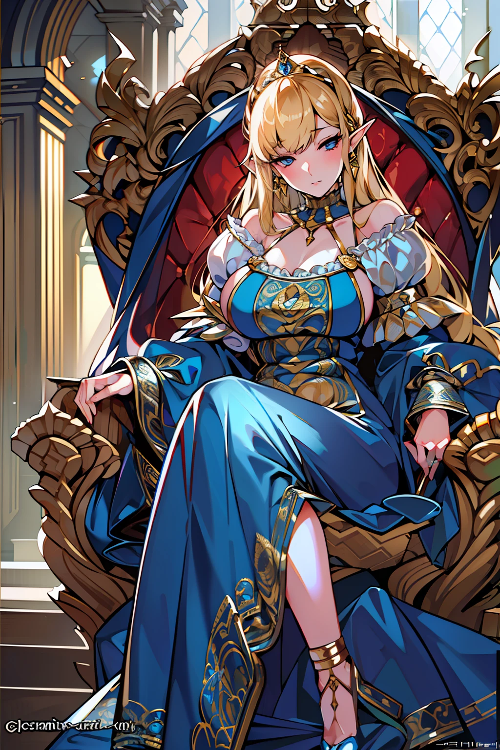 (masutepiece: 1.2, Best Quality), Realistic, (Realistic image, intricate-detail, depth of fields), Best Quality, masutepiece, Highly detailed, semi - realistic, 1 girl, maturefemale, 21 years old, a blond, Shoulder length shorthair, Left eye covered with hair, Blue eyes, King's clothes, red cloak, slim figure, Crown made of precious gold, Reading Documents, Marking documents, Goose Hair Pen, Office Table, Soft bench, palatial palace, in the palace, During the Middle Ages,huge-breasted、bbw