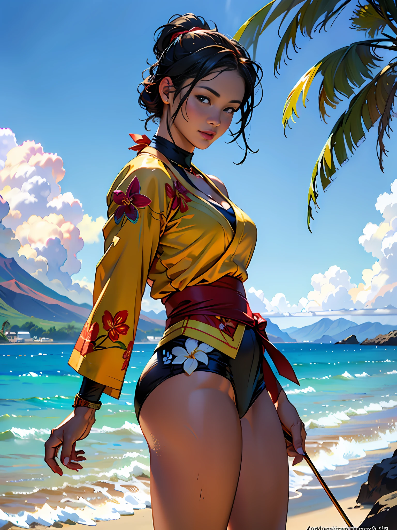 Hawaii Lahaina burning fire in the back, 1 girl painting from the water view, style by Jaime Frias, Best quality, realistic, award-winning illustration in color, (complicated detail: 1.2), (fine detail)