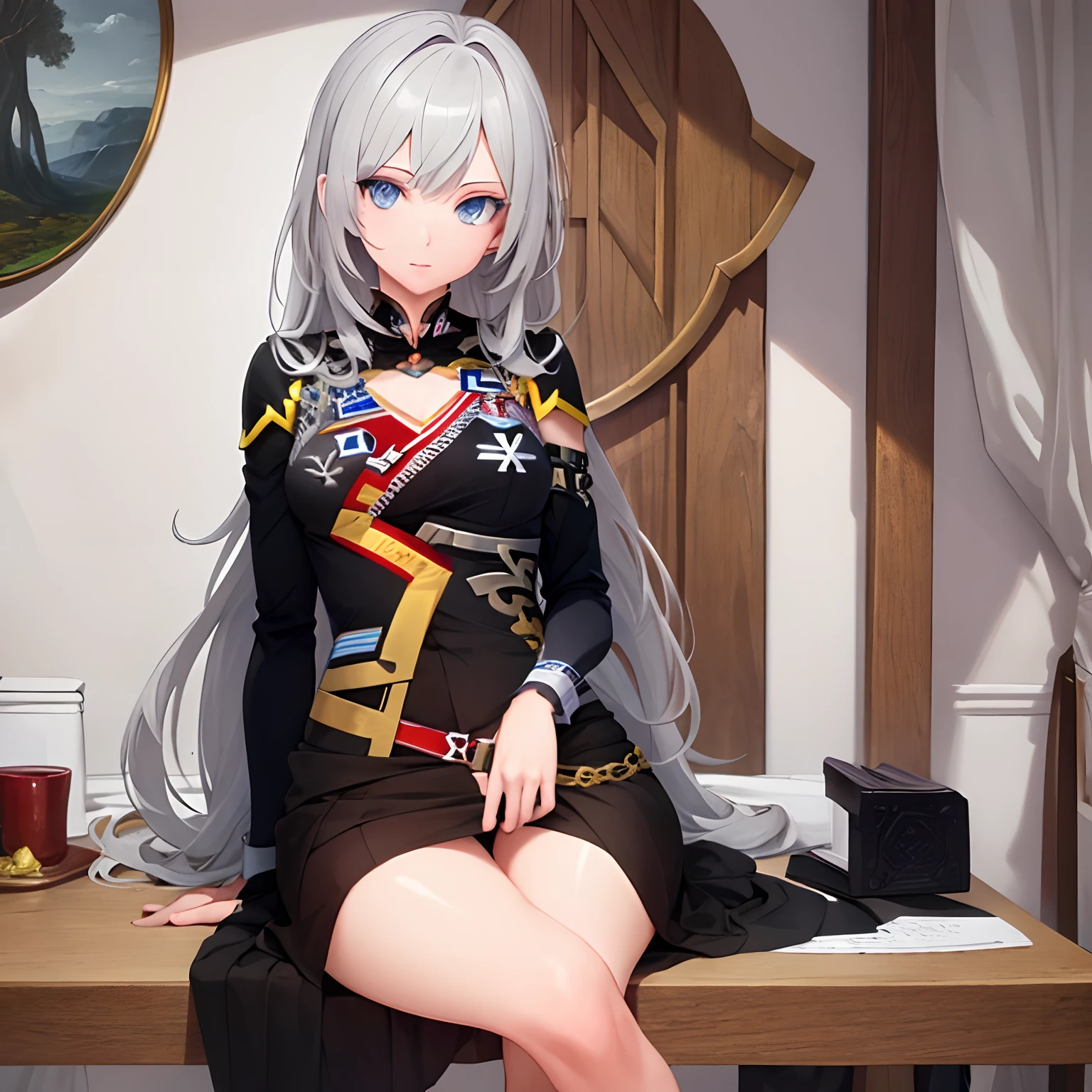 masterpiece, best quality, selvaria, light grey sweater, looking at viewer, leaning forward