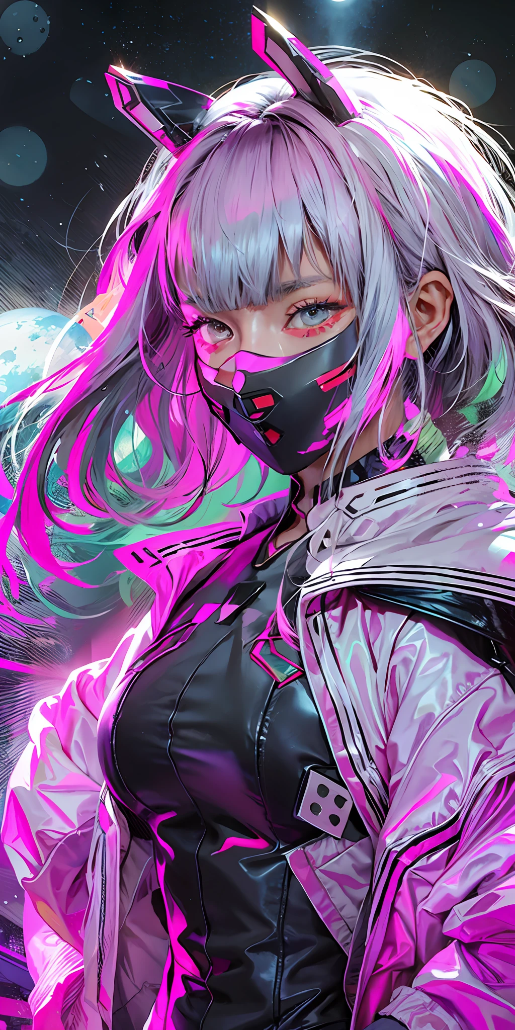 lucy \(cyberpunk\), 1girl, hair scrunchie, hime cut, silver hair, colored tips, full moon, grey eyes, jacket, long sleeves, looking at viewer, medium hair, multicolored hair, parted bangs, parted lips, pink hair, portrait, red eyeliner, red lips, solo, white jacket, cyberpunk \(series\), rainy night in a cyberpunk city with glowing neon lights