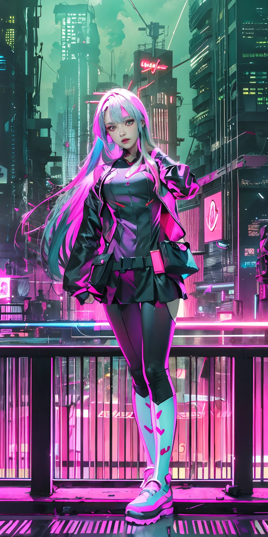 lucy \(cyberpunk\), 1girl, hair scrunchie, hime cut, silver hair, colored tips, full moon, grey eyes, jacket, long sleeves, looking at viewer, medium hair, multicolored hair, parted bangs, parted lips, pink hair, portrait, red eyeliner, red lips, solo, white jacket, cyberpunk \(series\), rainy night in a cyberpunk city with glowing neon lights