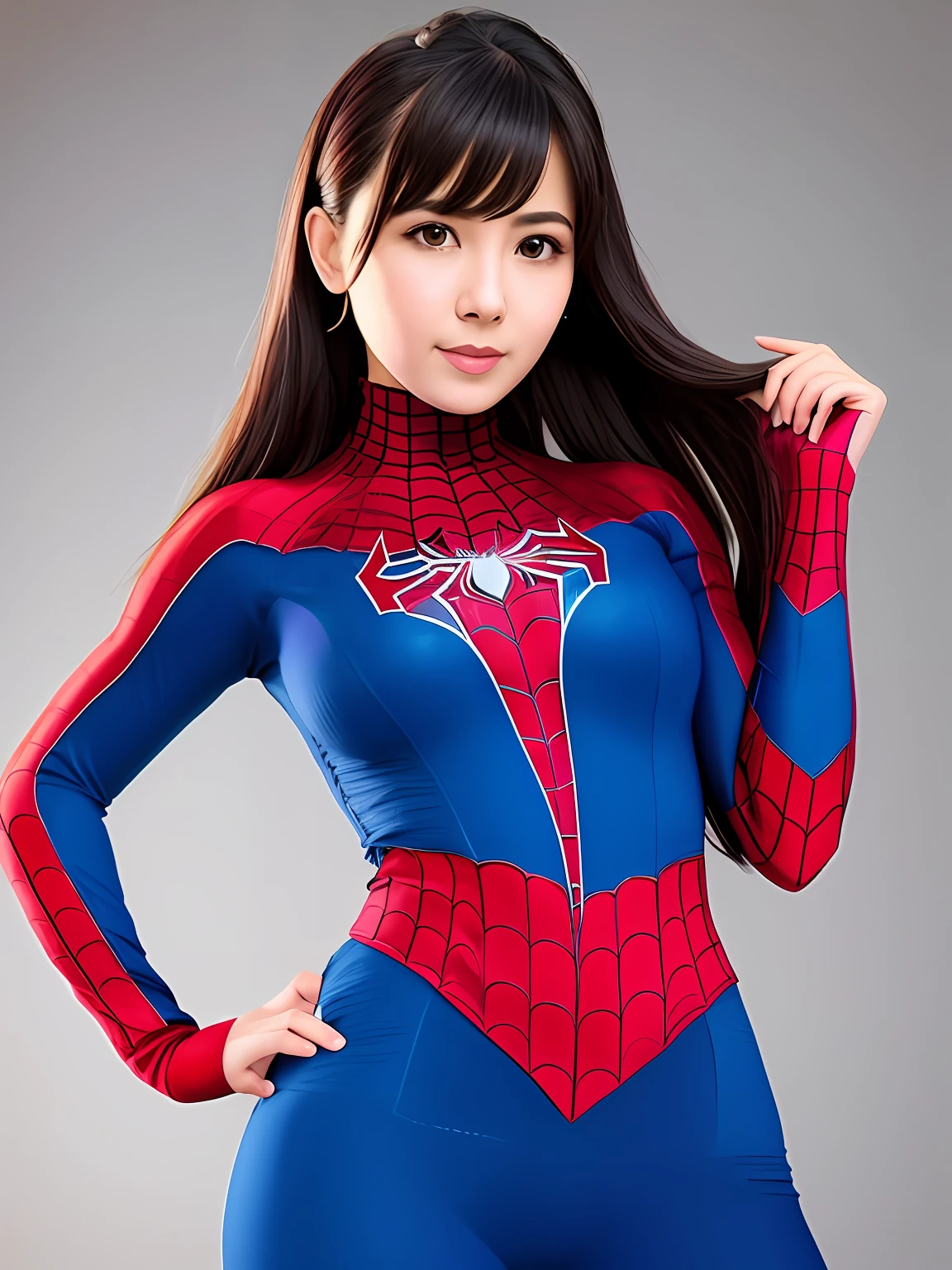 Potrait a woman wearing tight Spiderman clothes