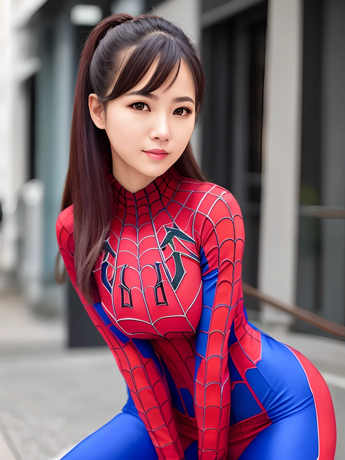 Potrait a woman wearing tight Spiderman clothes