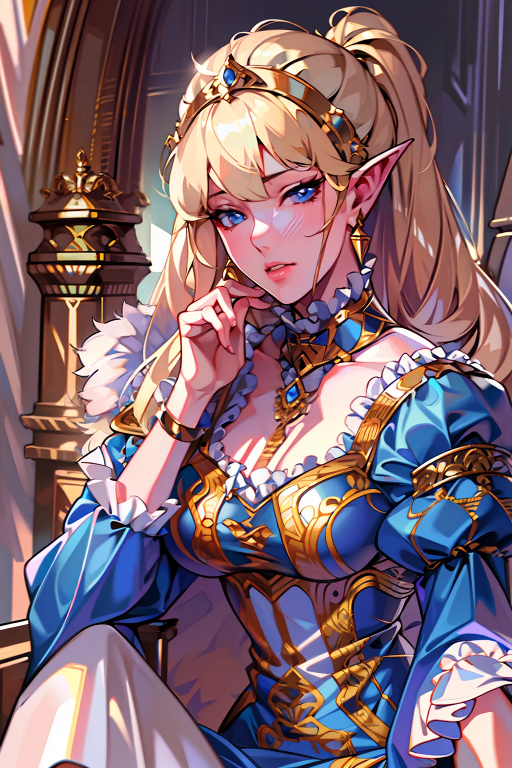 (Real), (Hi-Res), 4K, 8K, Detailed Illustration, Ultra Detail, Ambient Light, Backlight, Realistic Shadows, Luminous Particles, Light Particles, Digital Art, Detailed Face, Detailed Hair, (Ultra Detailed Eyes: 1.2), Soft Light, Soft Lighting, (Outdoor: 1.15), Renaissance, Renaissance Architecture, Ultra Detailed Architecture, Vintage Windows, Red Curtains, (Throne: 1.4), (Sit on Thrones : 1.2), front, front, giant throne, ornate throne, king's throne, giant throne, (blonde: 1.15), bangs, shiny hair, short braid, blue eyes, mouth closed, dignified expression, expressionless, calm, confident (solo: 1.4), mature woman, sexy elf woman, full body, toned thighs, narrow waist, round hips, (huge perky breasts: 1.1), hu sitting, ( Crossed Arms: 1.1) (Elegant Black Dress: 1.1), Glamorous Clothes, Glamorous Maid Clothes, (Black Off-Shoulder Dress: 1.1), Bare Shoulders, Skin Dents, (Blue Dress: 1.1), (White Puffy Sleeves, Long Sleeves, Juliet Sleeves: 1.1), Sexy Maid Clothes, Cleavage, Covered, (Ballroom Gown: 1.3), (Ruffled Dress: 1.3), ( Jewelry: 1.15), collar, gorget, gold trim, regalia, knight