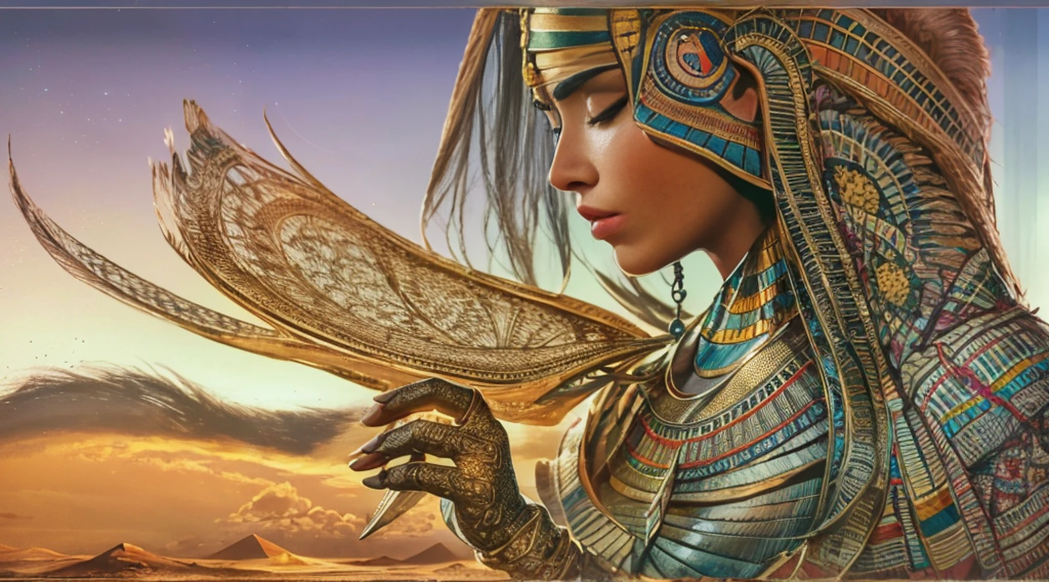 (1 girl Egyptian Art:1.2), (de corpo intero), standingn, olhando para o espectador, perfect hands and limbs, (pele detalhada, poros de pele difusa), Ethereal, Maximum detail, max quality, (colorido:1.2), Hans Giger, (zentangle:1.2), granulado, extremamente detalhado, detalhes intrincados, dynamic lighting, fotorrealista, luz natural, baixo h, (obra prima, detalhado), alien landscape, imagination, (realista), clear sky, compositing, sun sunset, (HDR:1.5), ao ar livre, detalhes intrincados.