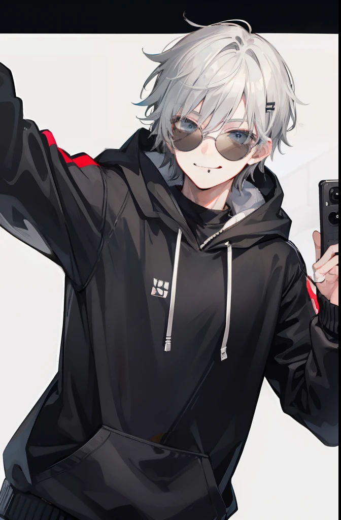 1boy, grey hoody, black sunglasses, grey hair, tongue sticking out while smiling, camera selfie angle, japanese high school,