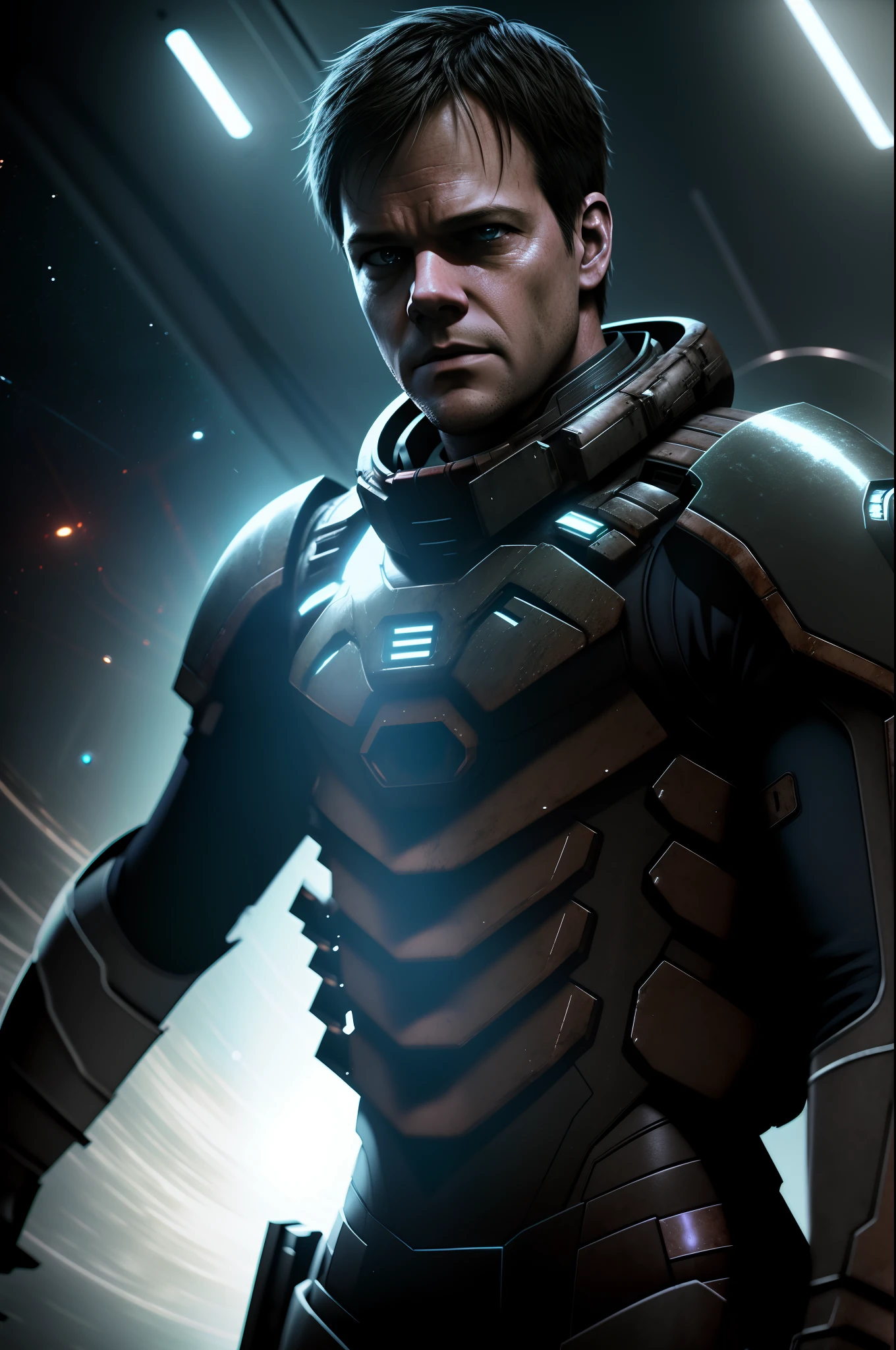 Sci Fi Horror Dead Space Matt Damon on Ishimura Haunted sci fi Space Ship photography, photorealism, shiny skin, cinematic rendering, ray tracing, the highest quality, the highest detail, Cinematic, Third-Person View, Blur Effect, Long Exposure, 8K, Ultra-HD, Natural Lighting, Moody Lighting, Cinematic Lighting